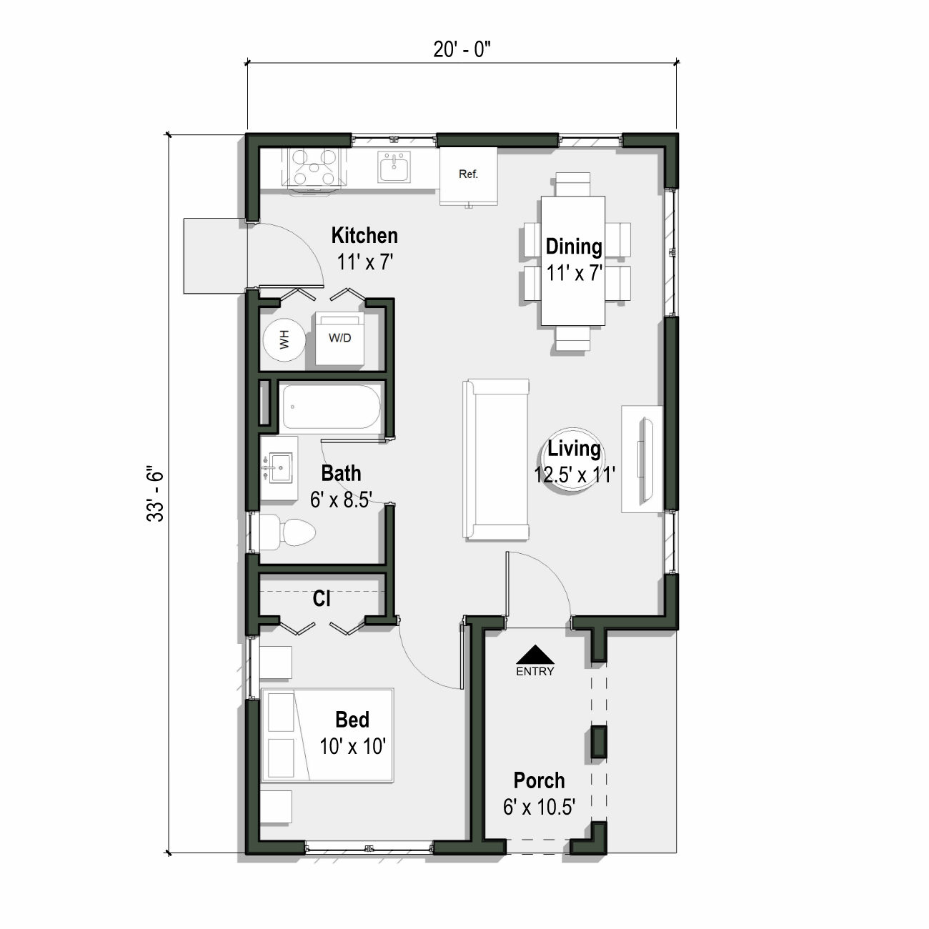 The Dahlia floor plan has 1 bedroom and 1 full bathroom