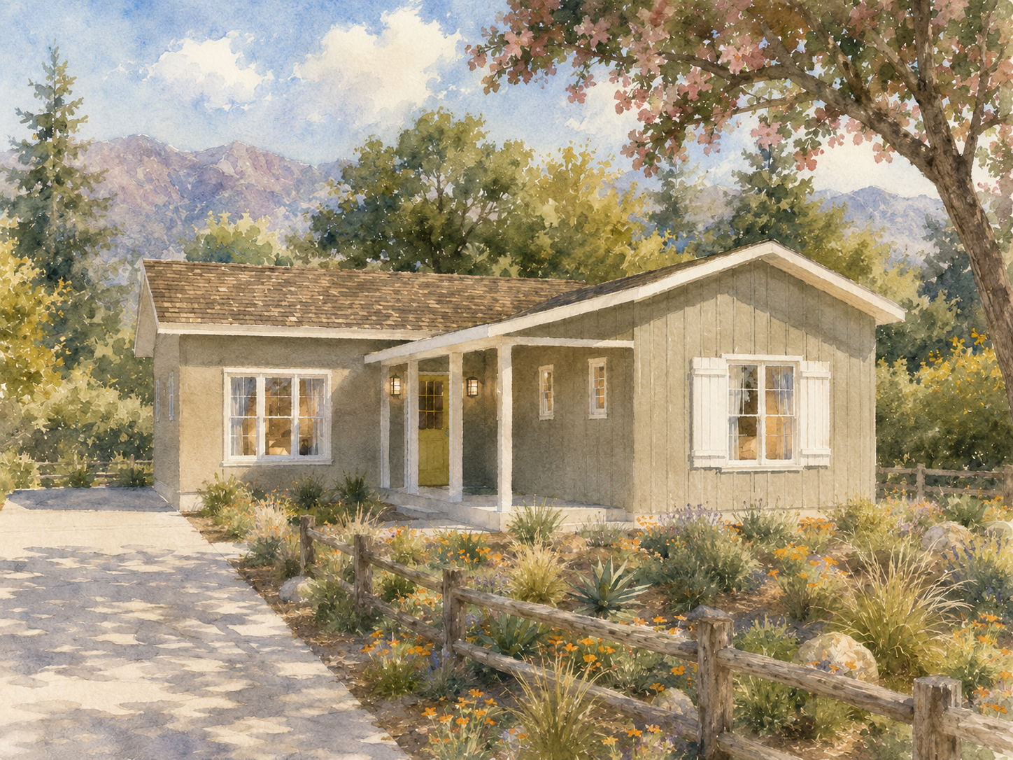 A watercolor painting of a small house with green exterior walls, a brown shingled roof, white trim, and a yellow front door. The house is surrounded by a garden with colorful flowers, a wooden fence, and trees with pink blossoms. In the background, 