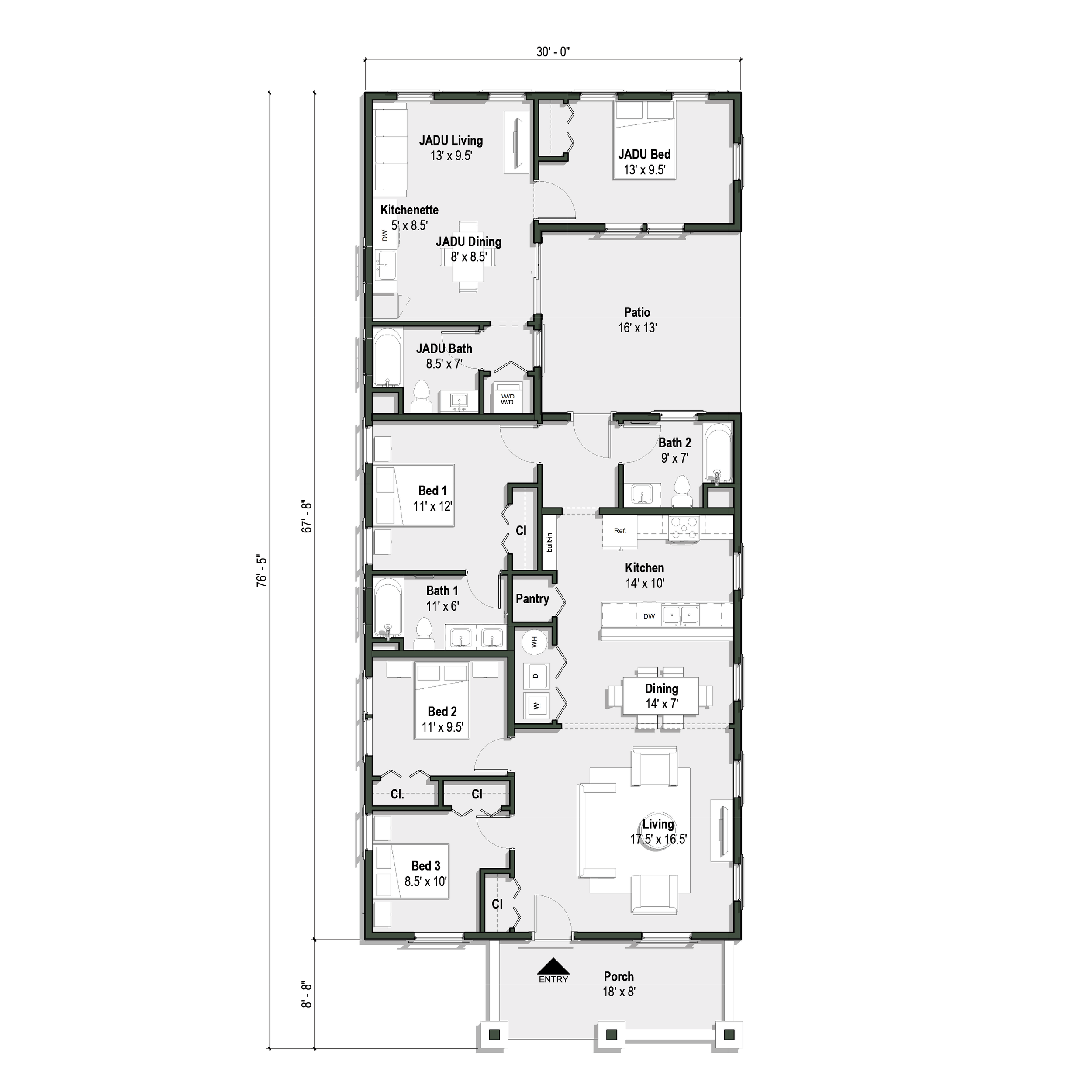 The Lewis JADU floor plan has 3 + 1 bedrooms and 2 + 1 full baths. The Lewis II features a partial width porch. 
