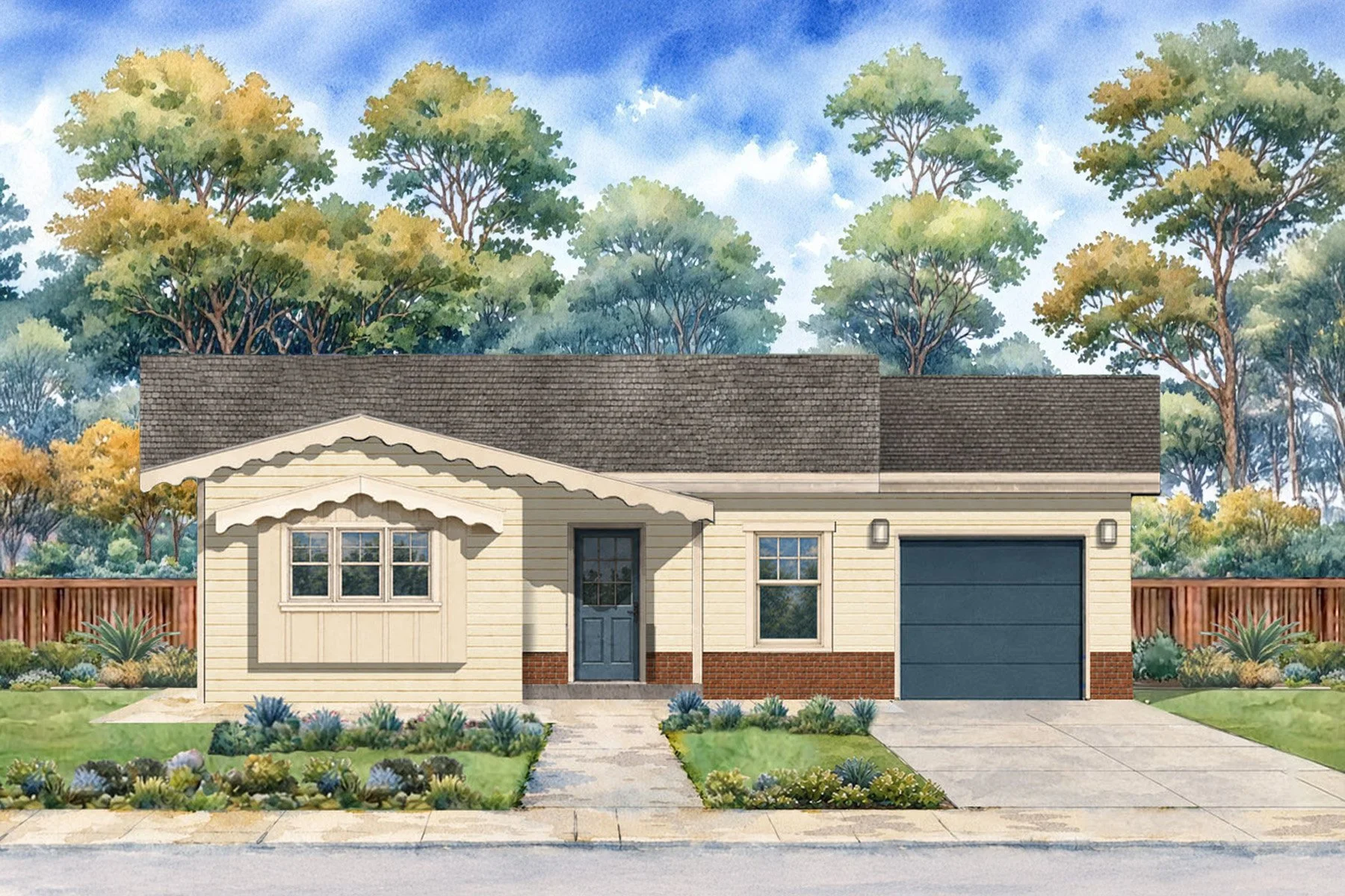 front elevation render of The Cindy + 1 car garage