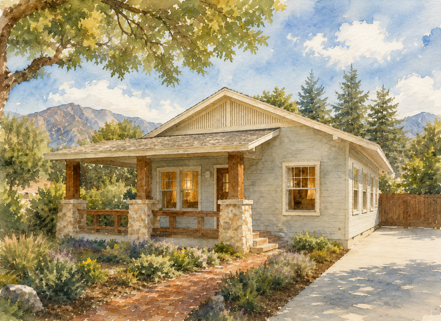 A watercolor painting of a cozy house with a front porch supported by stone pillars and wooden railings, surrounded by a garden with various plants and flowers, set against a background of trees, mountains, and a partly cloudy sky.
