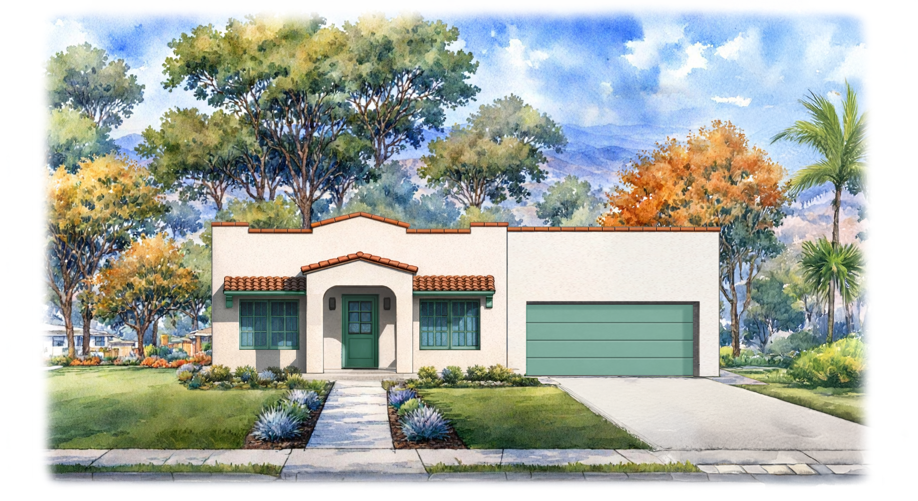 front elevation render of La Calanda with attached two car garage