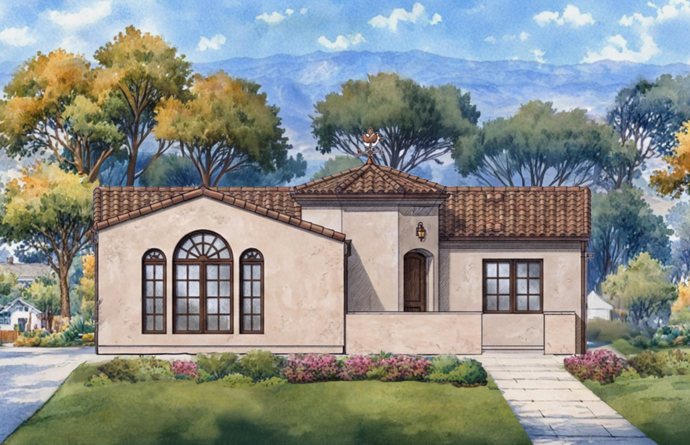 Illustration of a house with a stucco exterior, tiled roof, large arched windows, surrounded by trees and landscaping with flowers, mountains in the background.