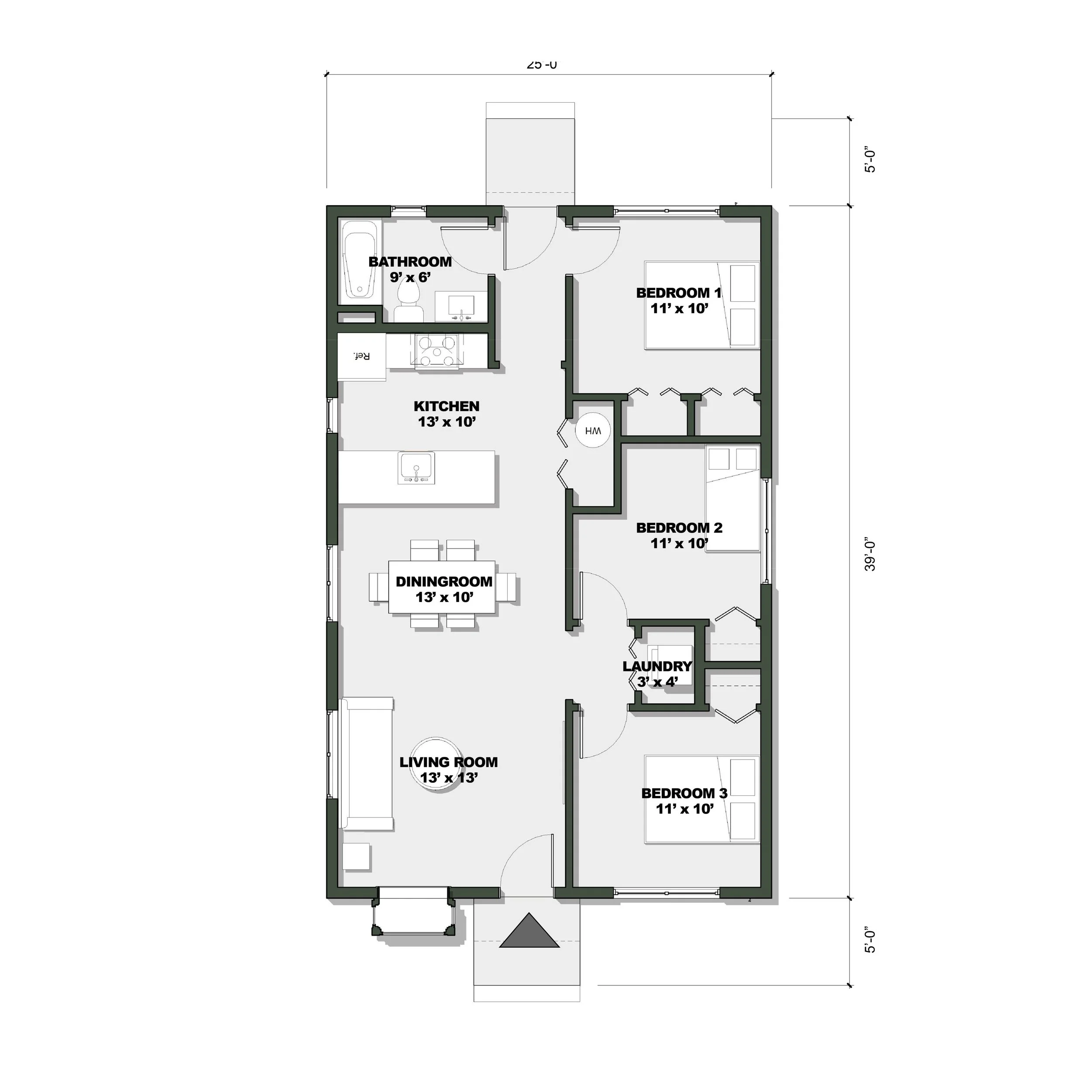 The Delaware floor plan has 3 bedrooms and 1 full bathroom