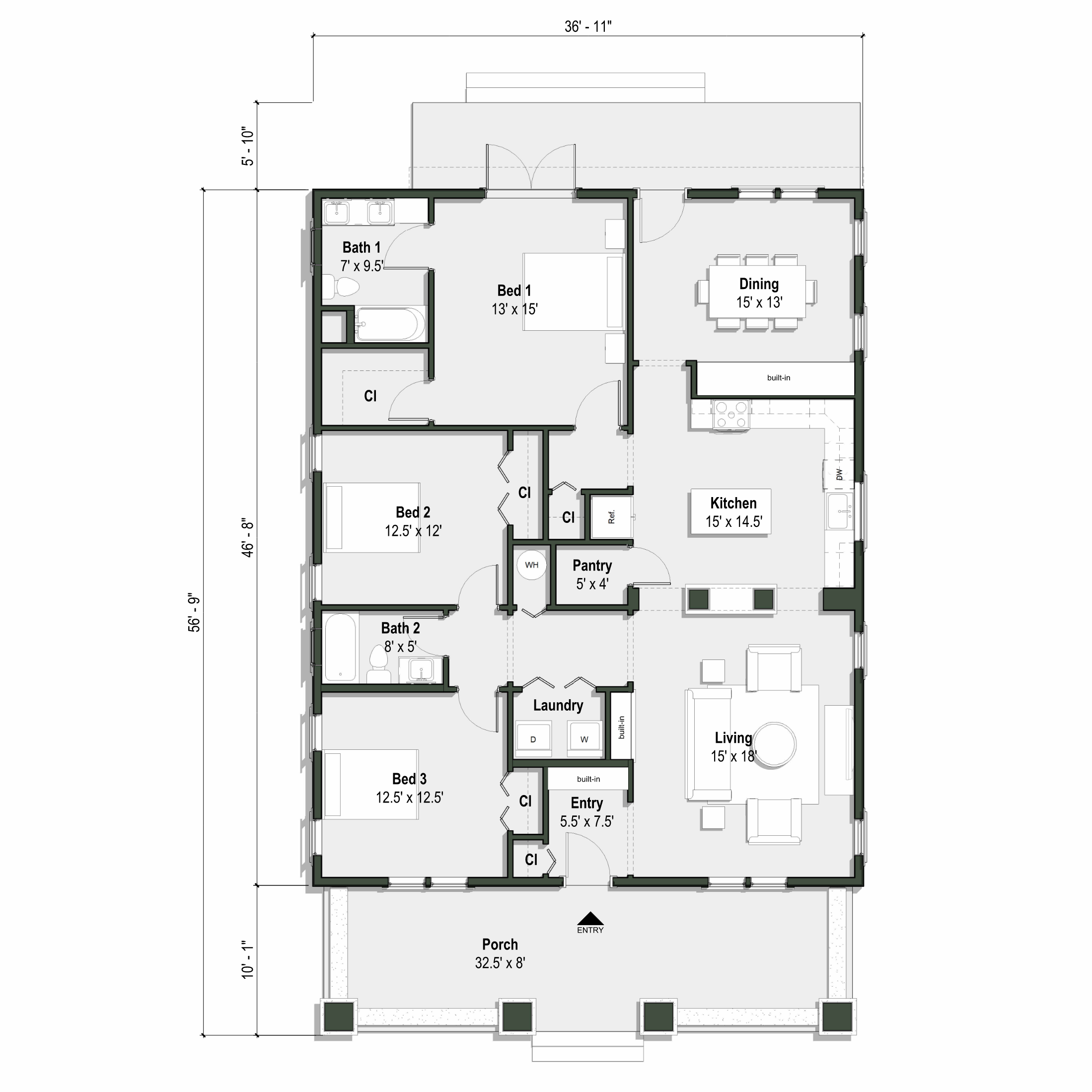 The Lexington floor plan has 3 bedrooms, 2 full bathrooms