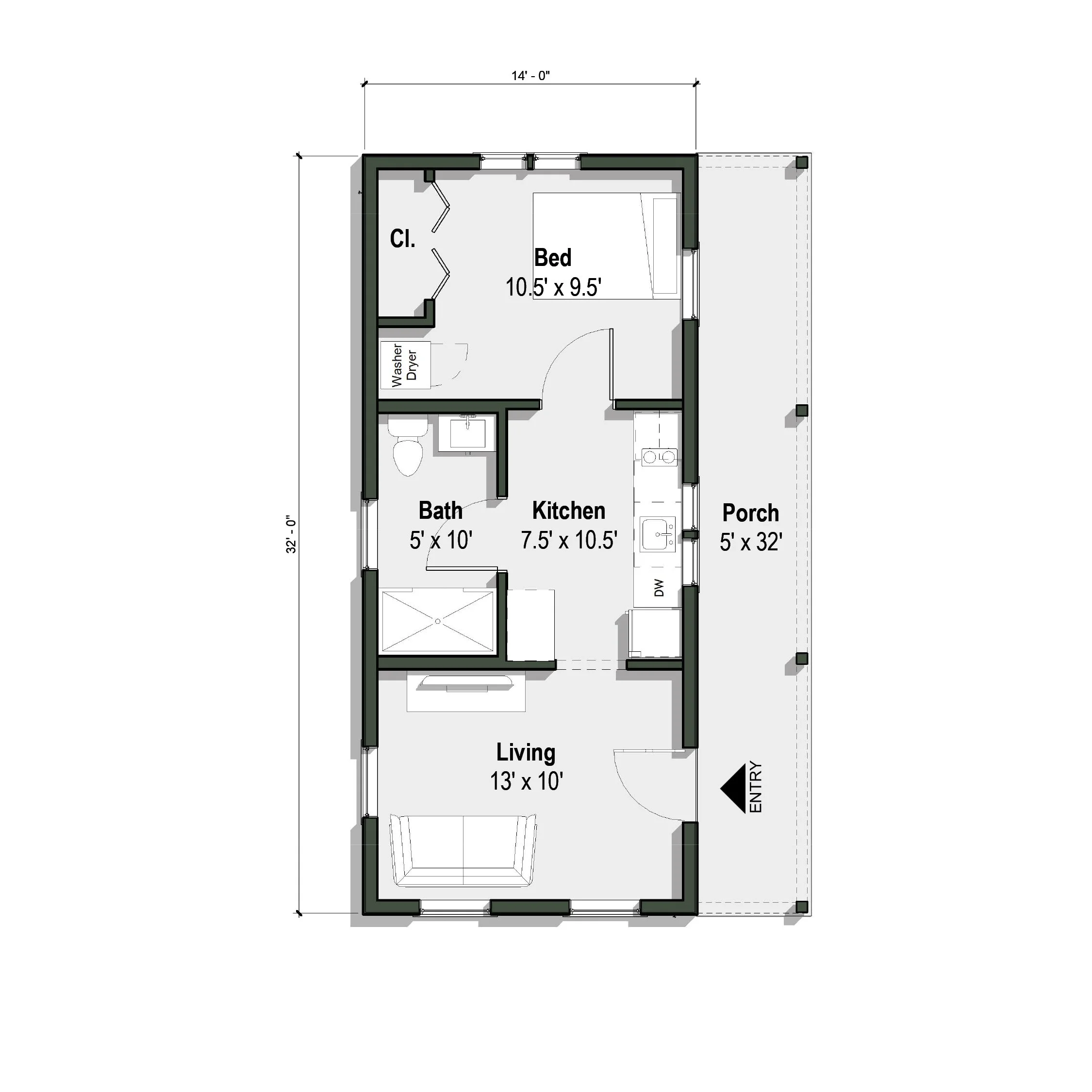 The Garfield III floor plan has 1 bedroom and 1 bathroom