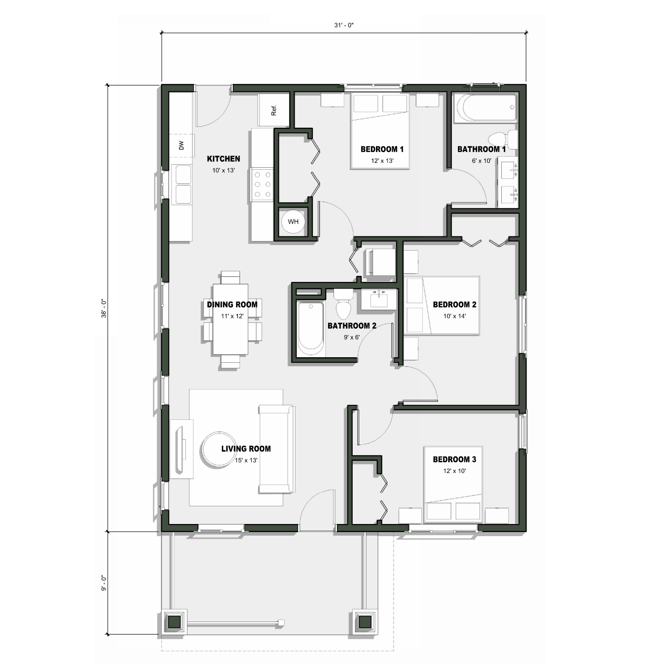 The Glen floor plan has 3 bedrooms and 2 full baths.