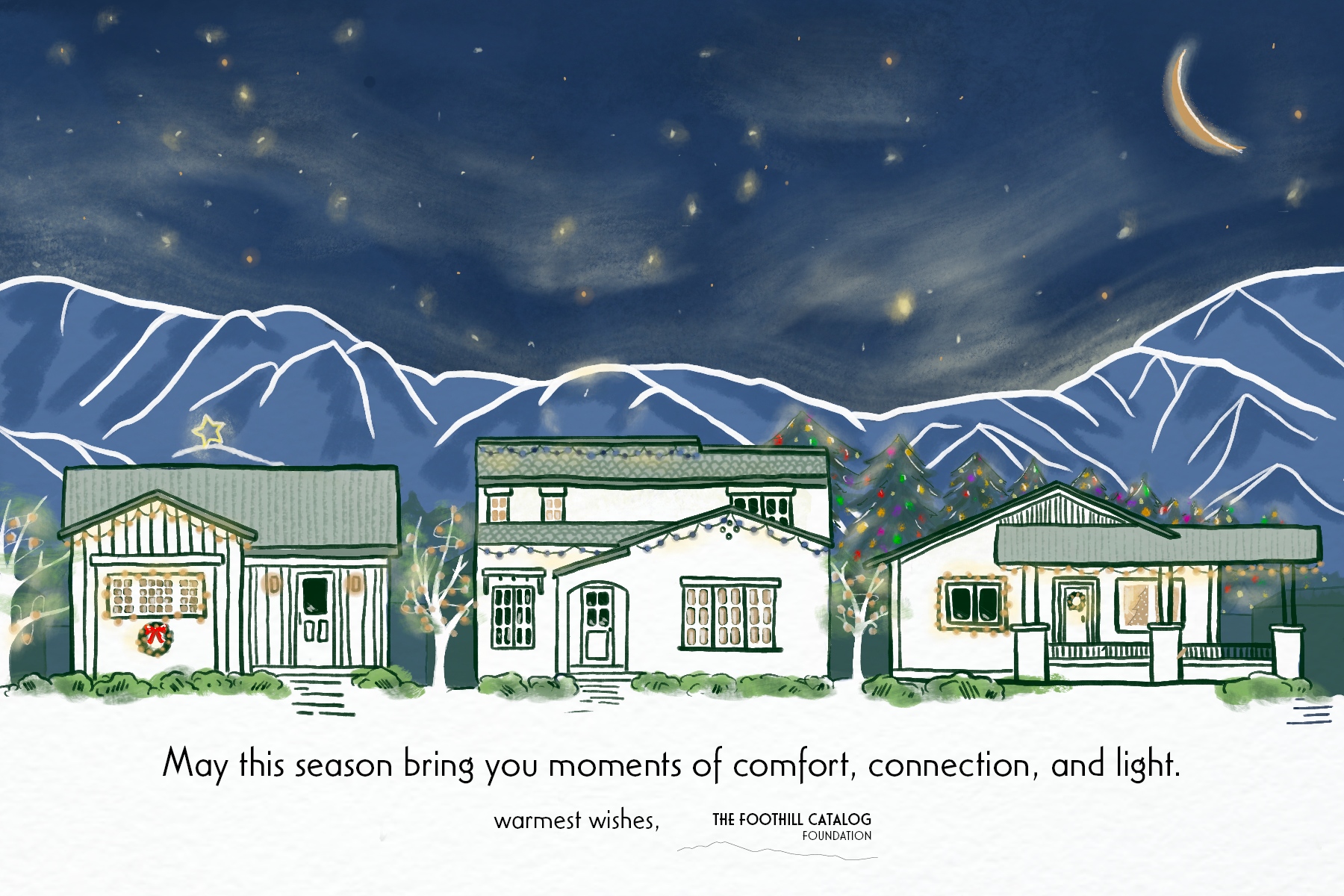 TFCF 2025 Holiday Card featuring 2 homes and the San Gabriel Mountains.