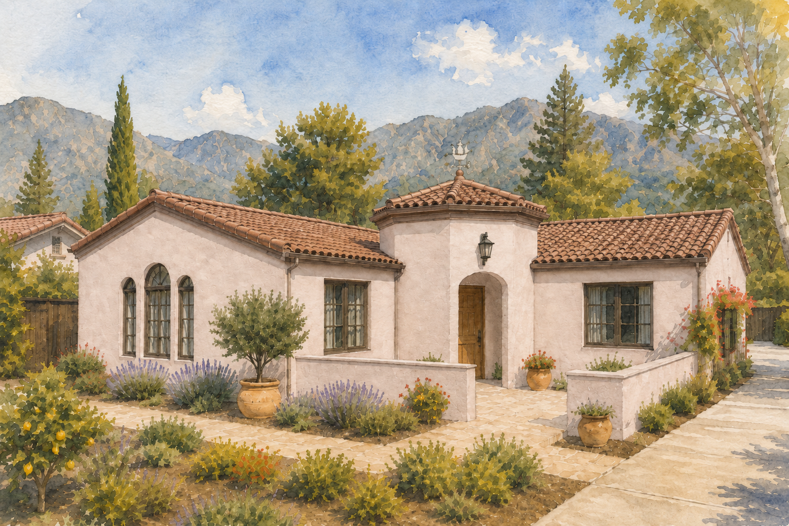 Watercolor painting of a white stucco house with red tile roof, surrounded by greenery, with mountains and blue sky in the background.