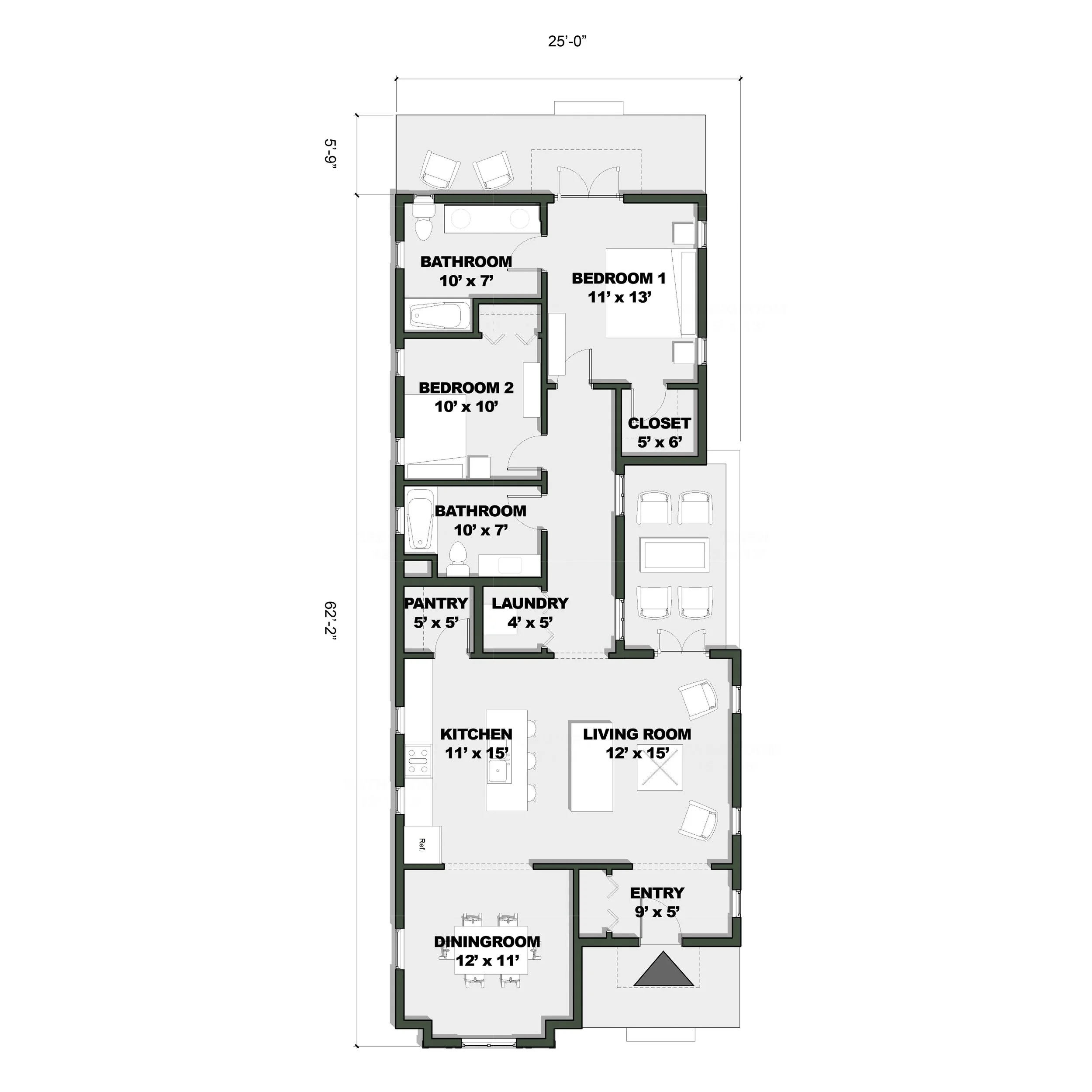 The Marlowe floor plan has 2 bedrooms and 2 full bathrooms