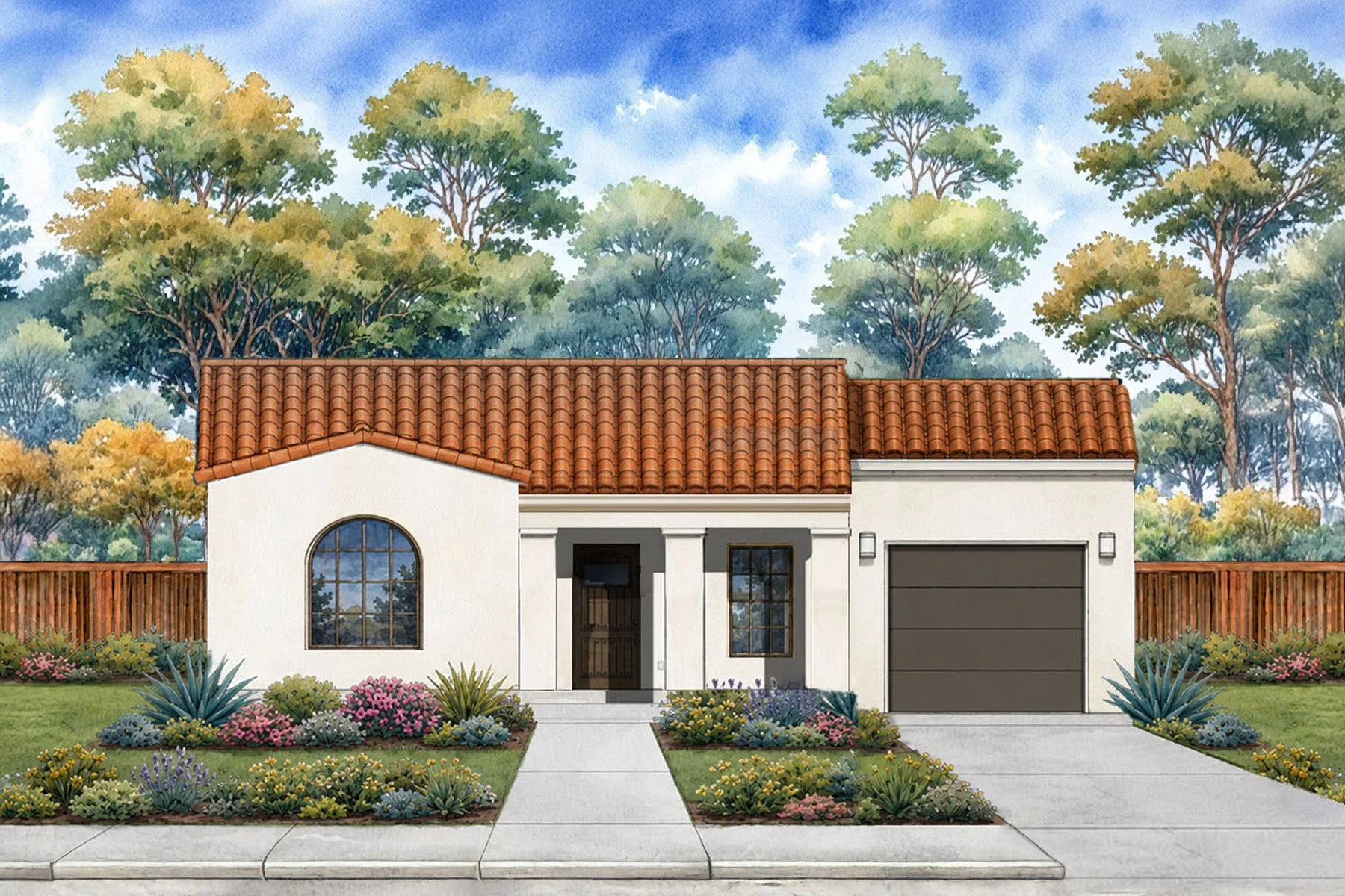 front elevation render of La Maria + 1 car garage