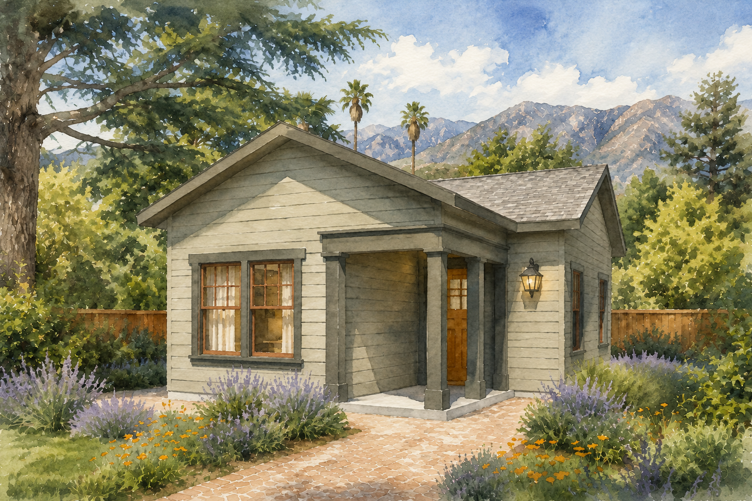Watercolor painting of a small, cozy house with a front porch, surrounded by lush greenery, trees, and purple flowers, with mountains in the background.