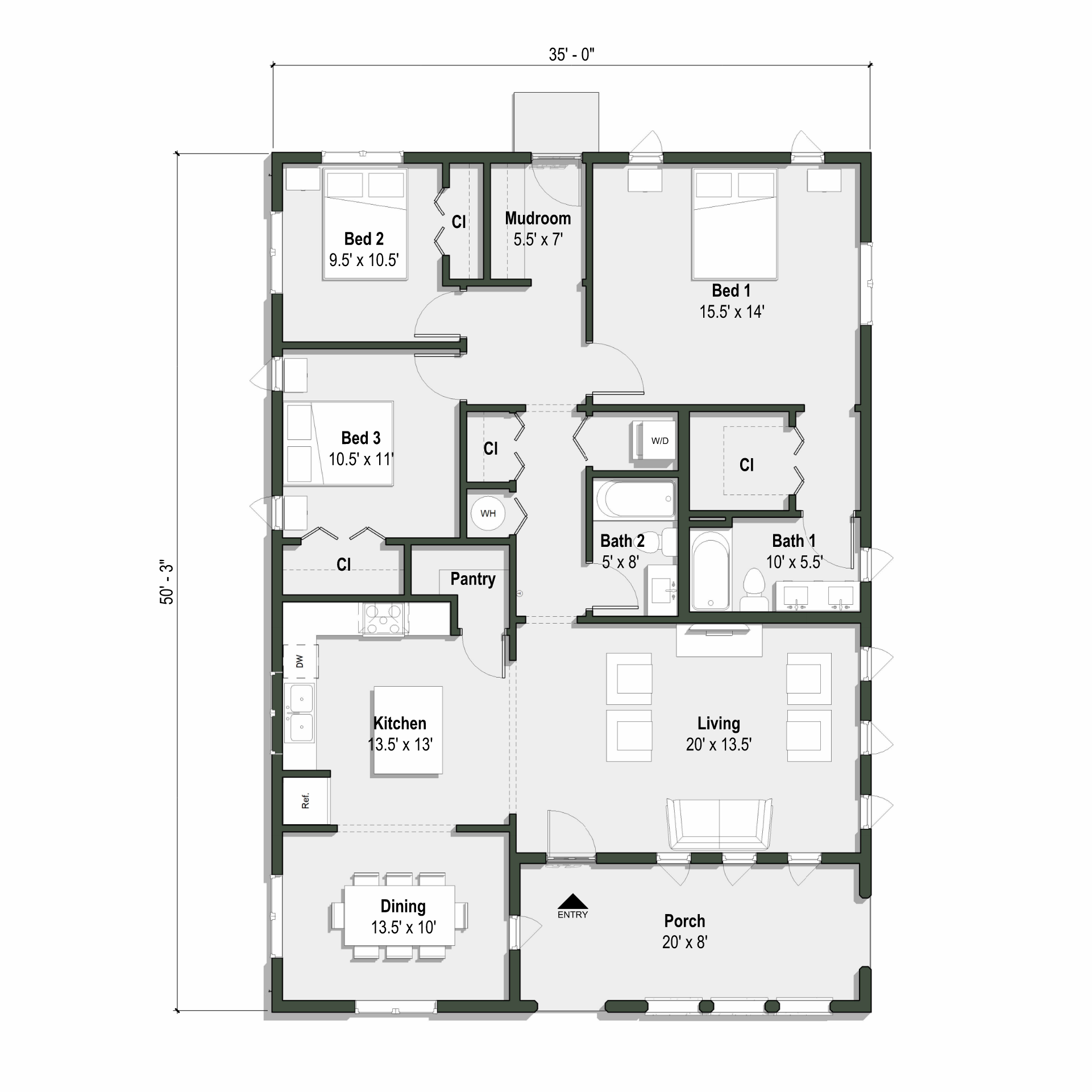 Casita Blanca's floor plan has 3 bedrooms and 2 full bathrooms