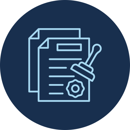 icon image of an approved document with a seal and stamp