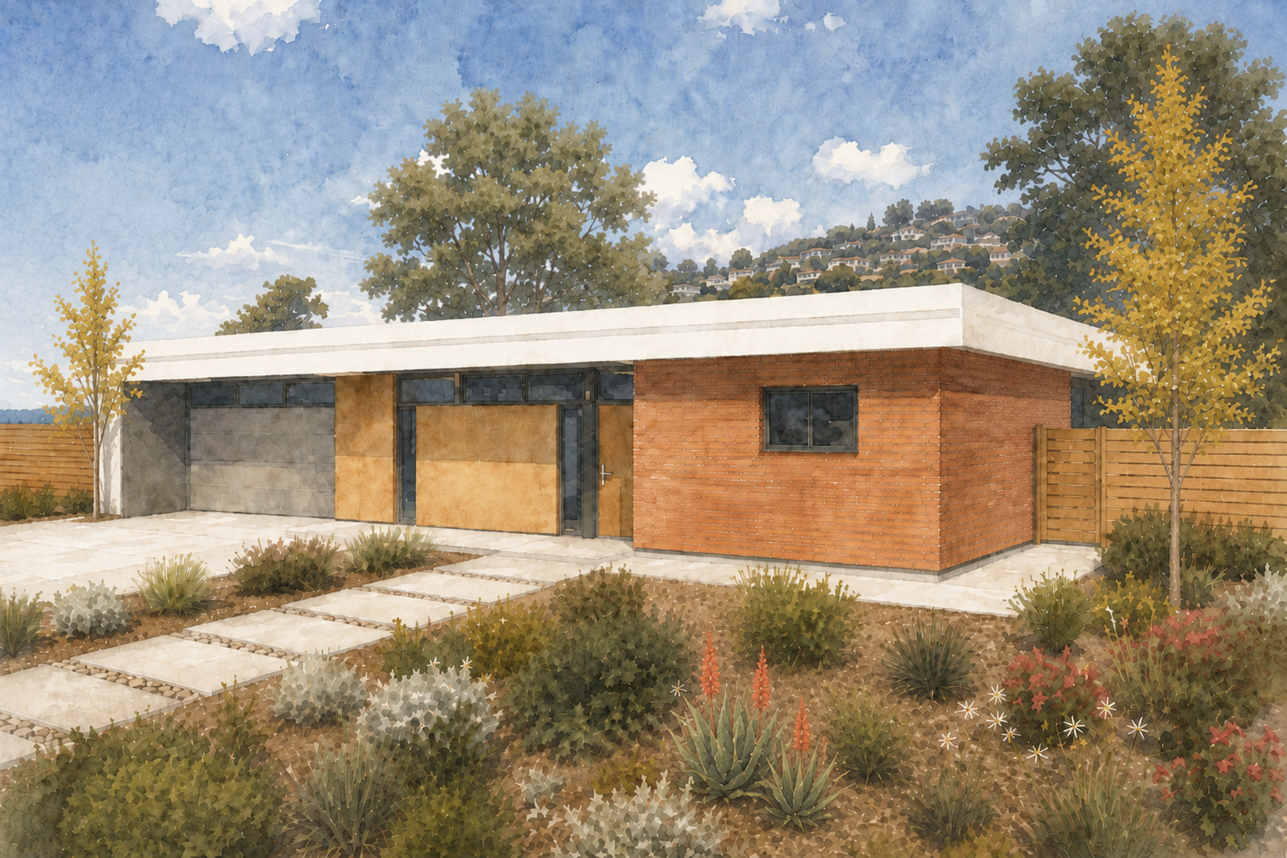 Watercolor illustration of a modern house with brick and concrete exterior, large windows, a driveway, and surrounding plants and trees with a hillside neighborhood in the background.