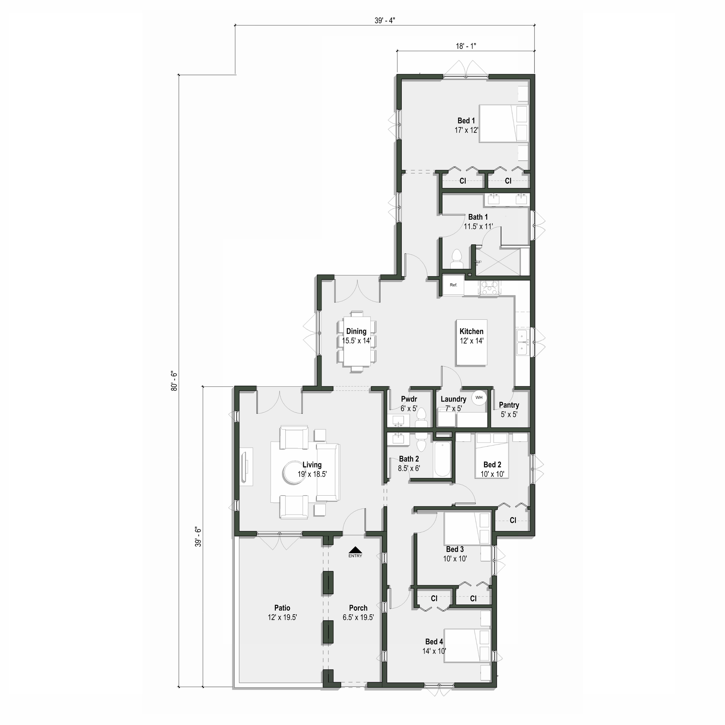 The Carmelina floor plan has 4 bedrooms and 2.5 bathrooms