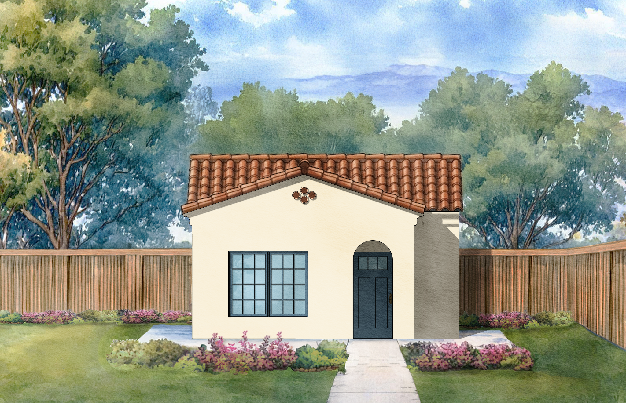 Watercolor illustration of beige house with red tile roof, large front window, front door, and a side window, surrounded by flowering shrubs, trees, and a wooden fence, with blue sky and mountains in the background.