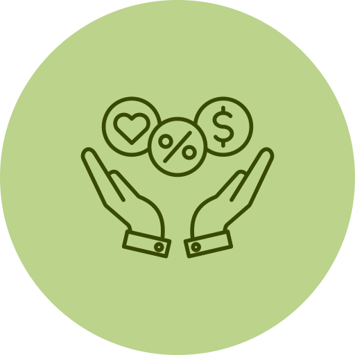 Illustration of two hands holding symbols representing love, percentage, heart, and dollar sign, set against a light green circular background.