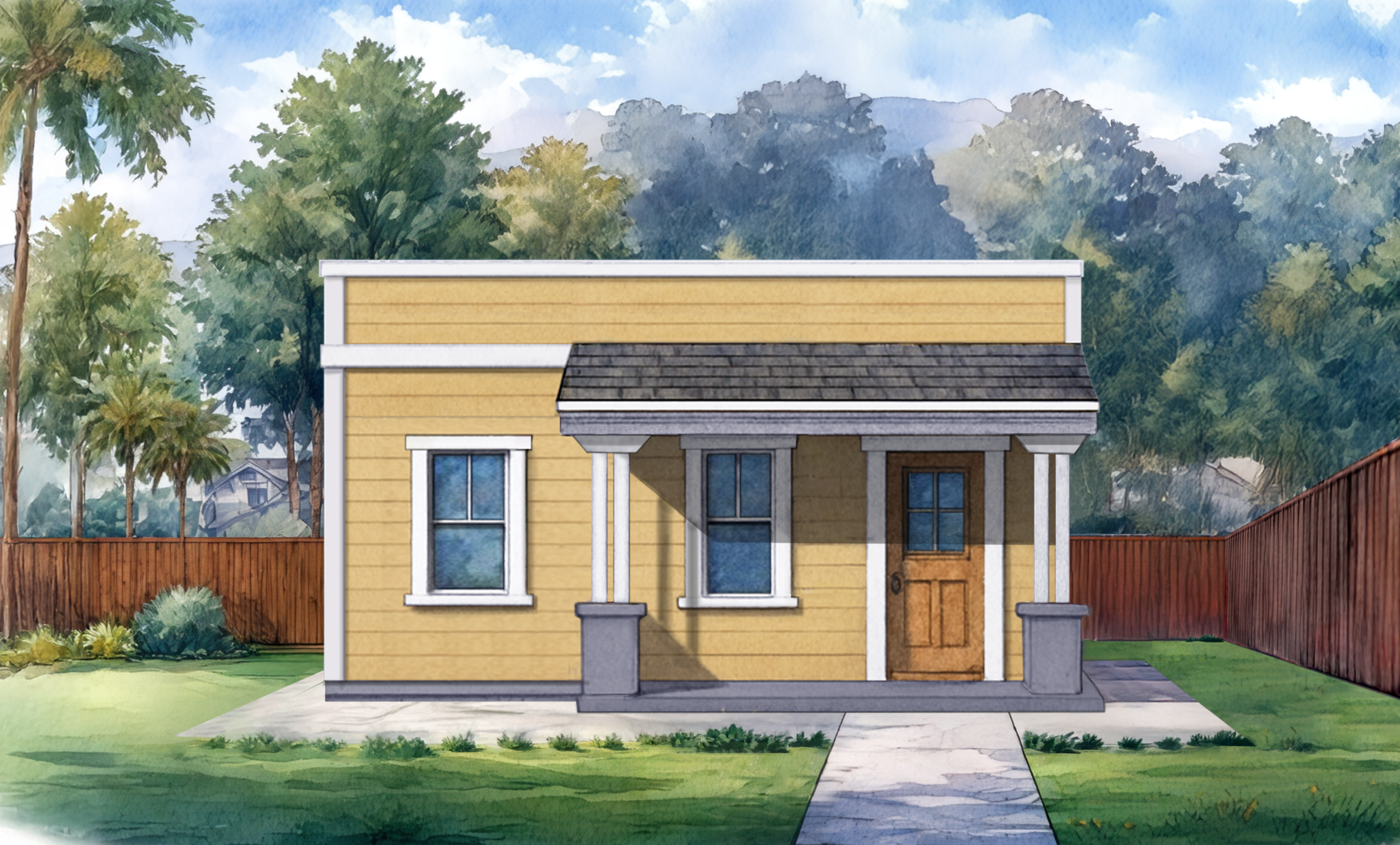 Watercolor illustration of a yellow house with a small front porch, front door, and two windows, surrounded by a grassy yard and a wooden fence, with tall trees and a cloudy sky in the background.
