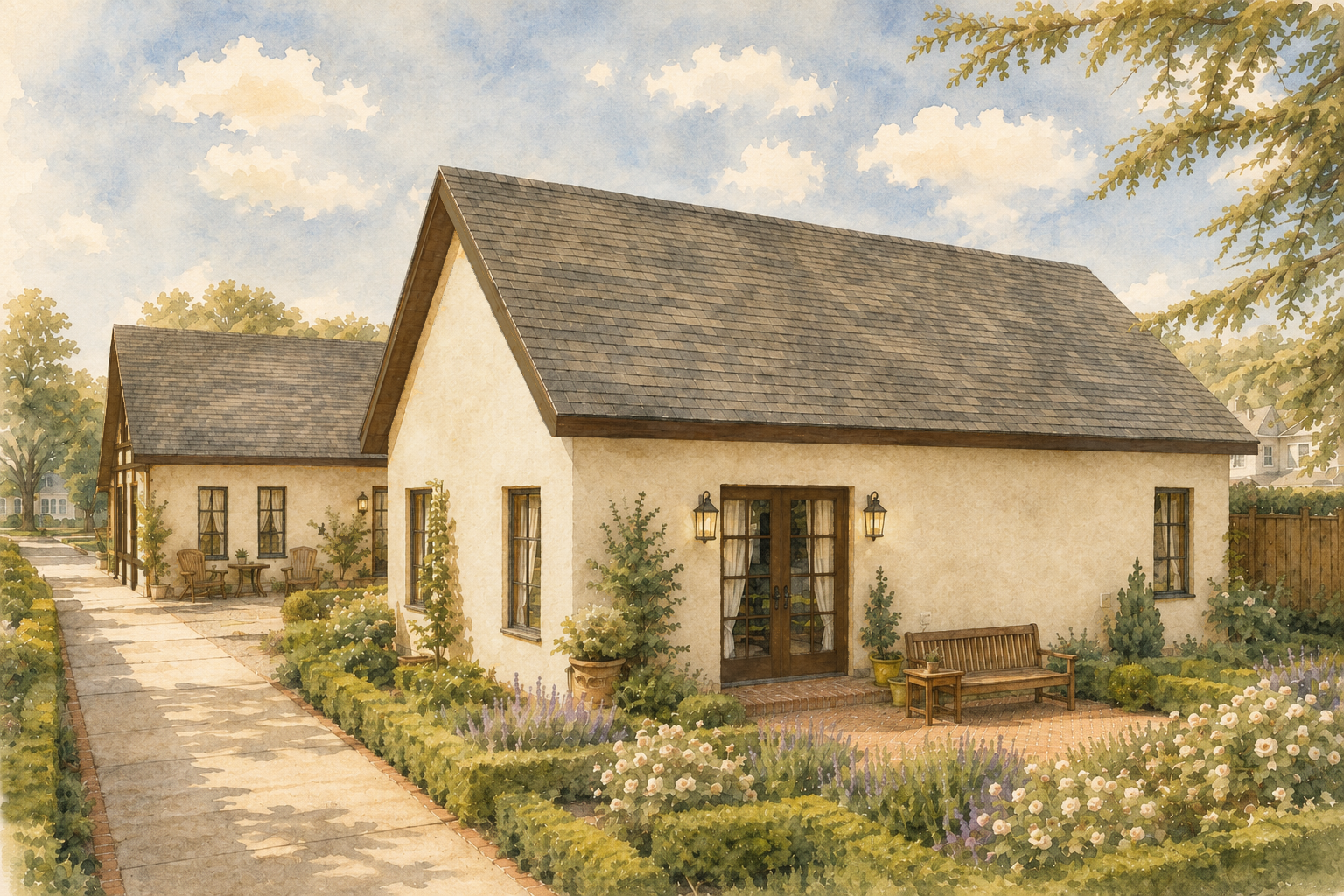 A cozy cottage with a garden, featuring a brick patio with a bench and potted plants, surrounded by lush bushes and flowering plants, under a bright blue sky with scattered clouds.
