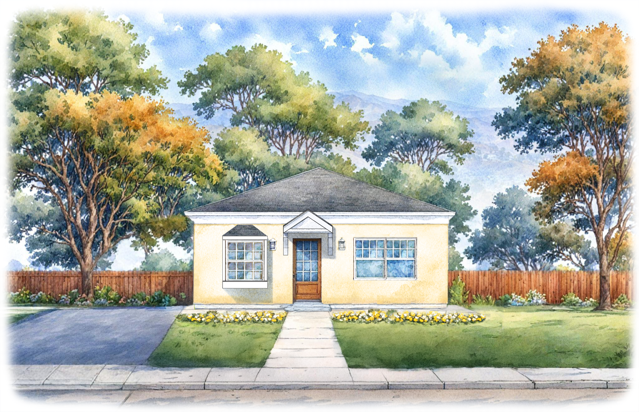 A watercolor-style illustration of a small, yellow house with a gabled roof, set behind a wooden fence. The house has a front door and large windows, with flower beds along the path leading to the entrance. Tall trees with green and autumn-colored leaves frame the scene under a partly cloudy blue sky.