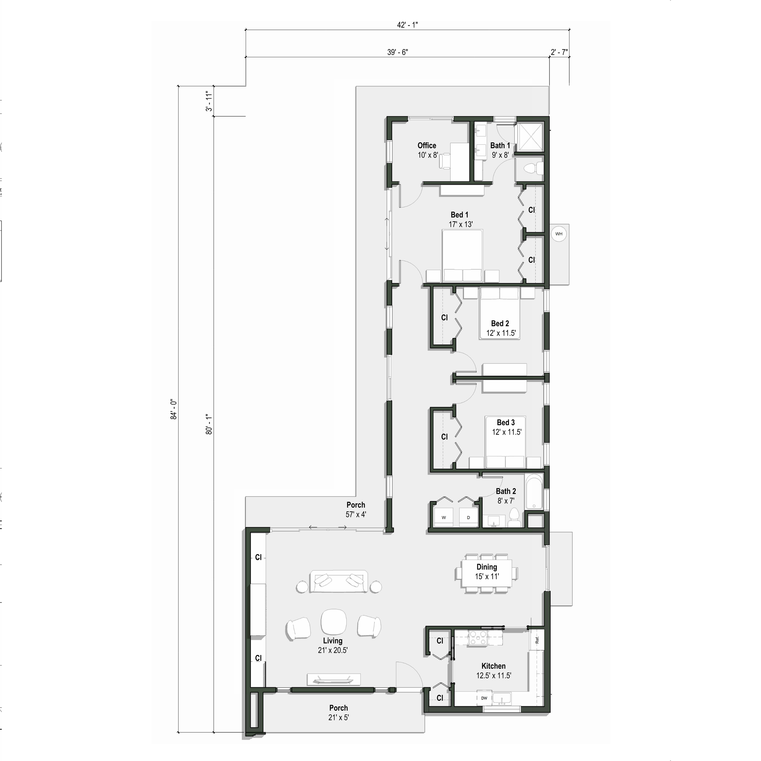 The Ellwood I floor plan has 3 bedrooms and 2 bathrooms. No attached garage, but a detached garage is optional.
