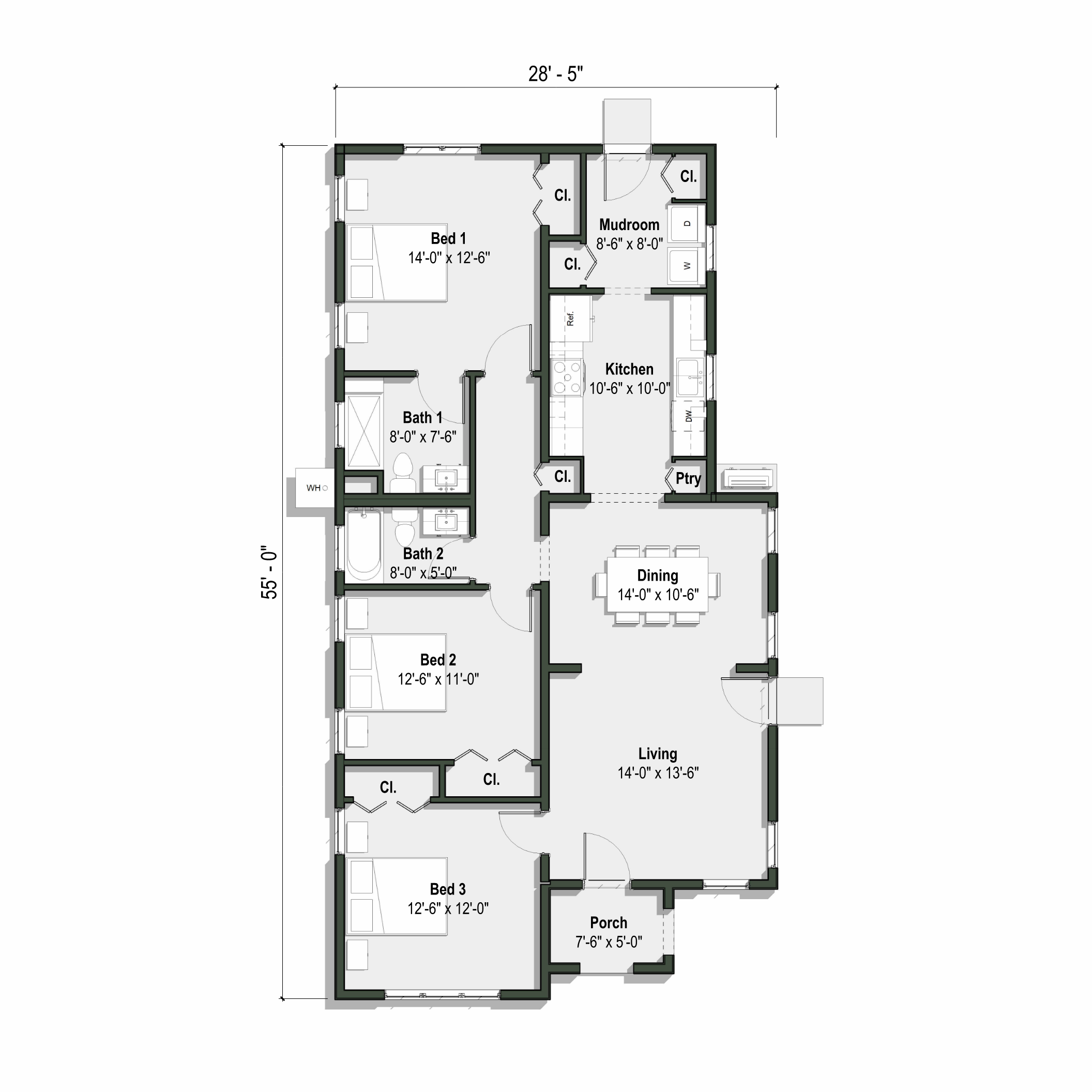 The Elisha floor plan has 3 bedrooms and 2 full bathrooms