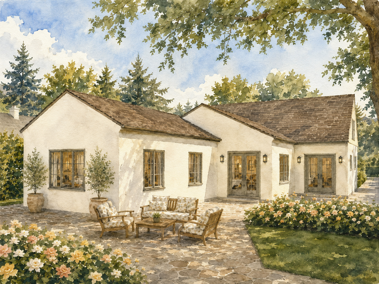 A watercolor painting of a white house with a stone patio, surrounded by trees and flowering bushes, with outdoor furniture and windows with warm interior lighting.