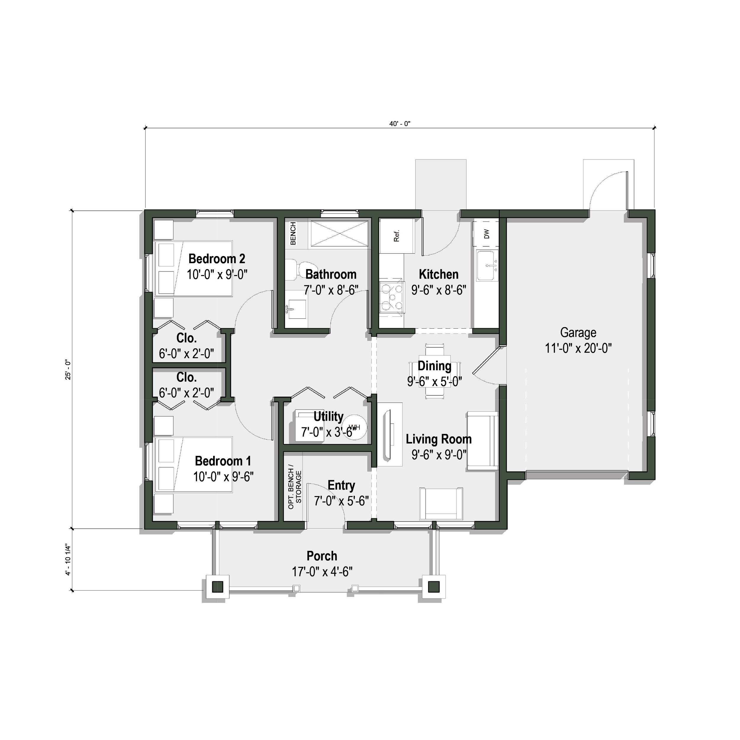 floor plan of The Wagner ADU with attached one car garage