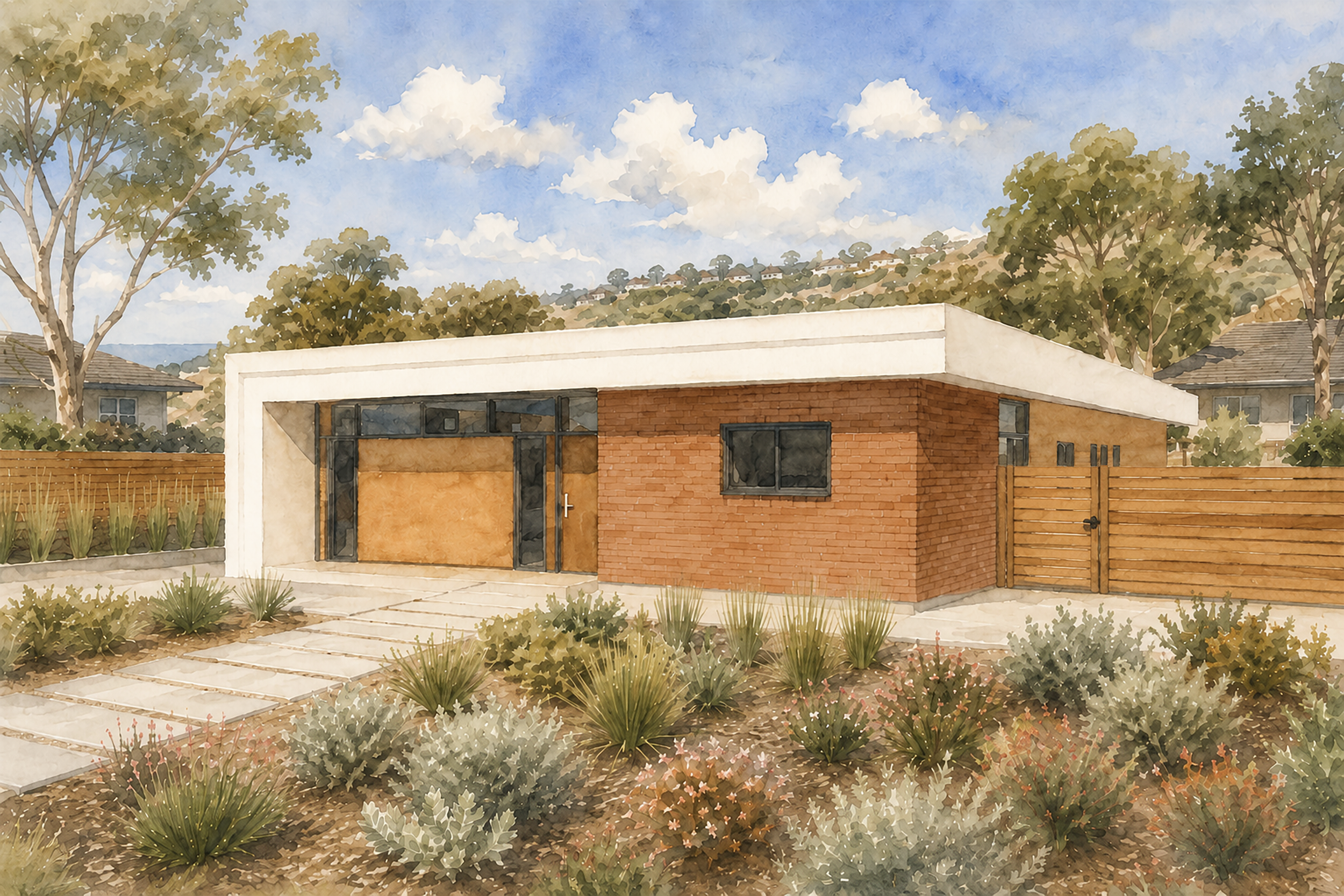 A modern house with a flat roof and brick exterior, surrounded by a garden with various plants and a wooden fence, under a blue sky with scattered clouds.