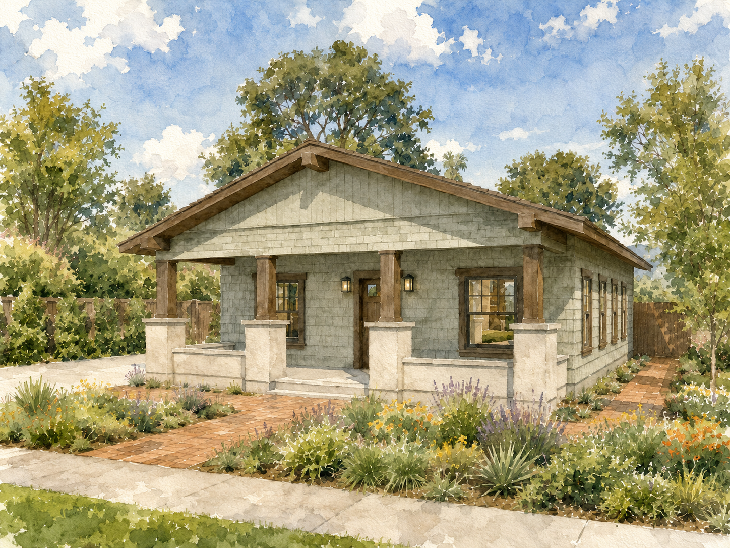 A watercolor painting of a modern single-story house with a gray shingle exterior, wooden trim, and a gabled roof. It features a porch with four wooden columns, a front door, and several windows. The house is surrounded by a garden with flowering pla