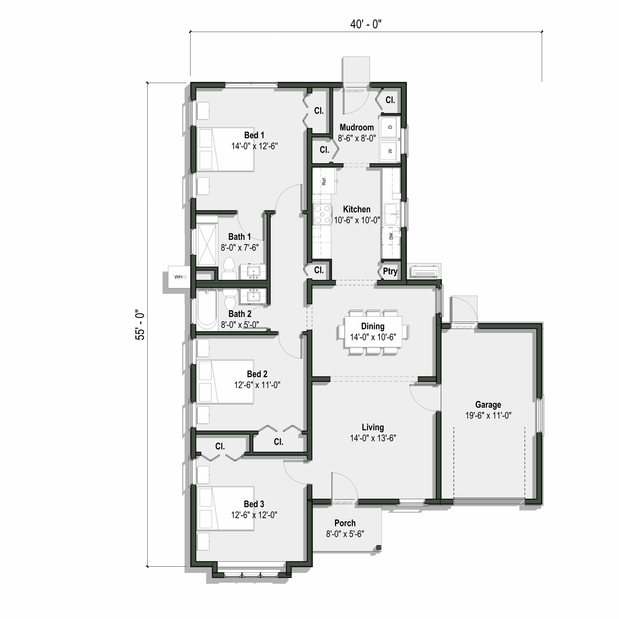 The Cindy floor plan has 3 bedrooms and 2 full bathrooms + attached garage
