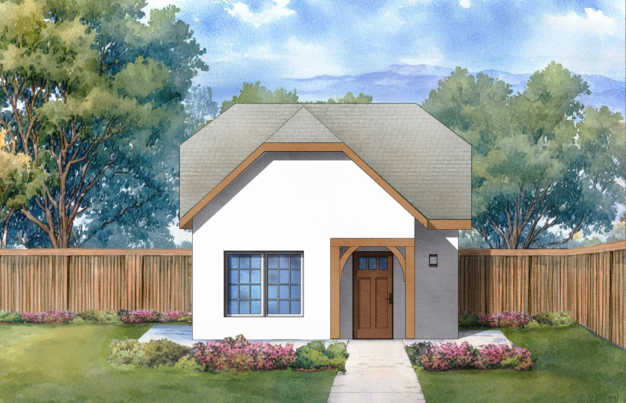 Watercolor illustration of a house with a front yard, wooden fence, and trees, under a blue sky.