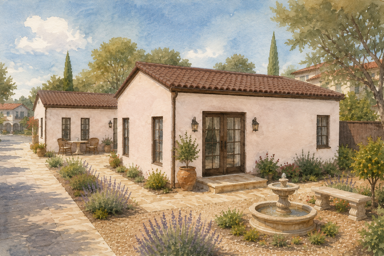 A watercolor-style illustration of a Mediterranean-style house with a red tile roof, surrounded by a garden with lavender plants, a stone fountain, and outdoor seating, under a partly cloudy sky.