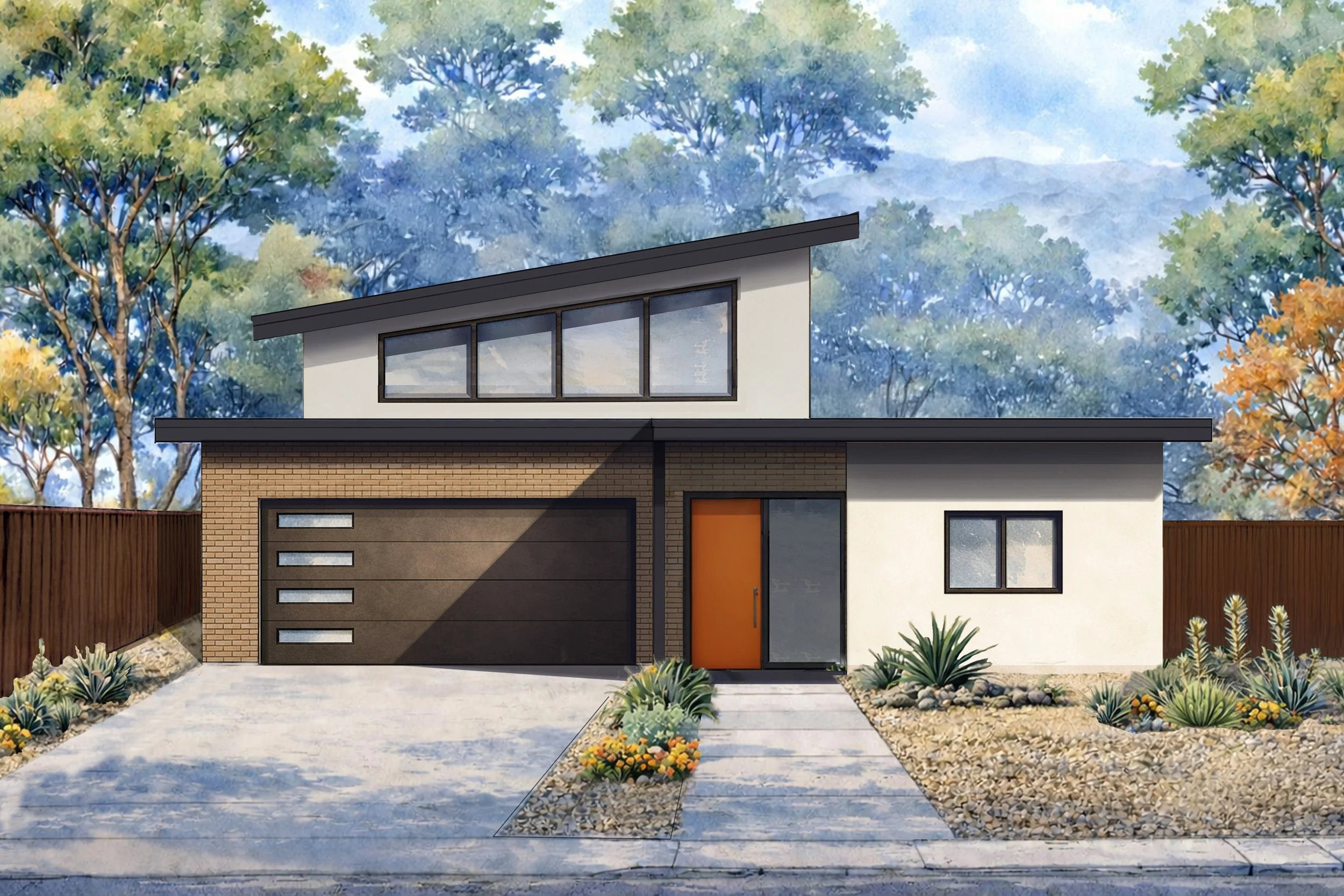 Modern house with brick and white exterior, black roof, and orange front door, surrounded by a garden with desert plants and trees, against a background of hills and blue sky.