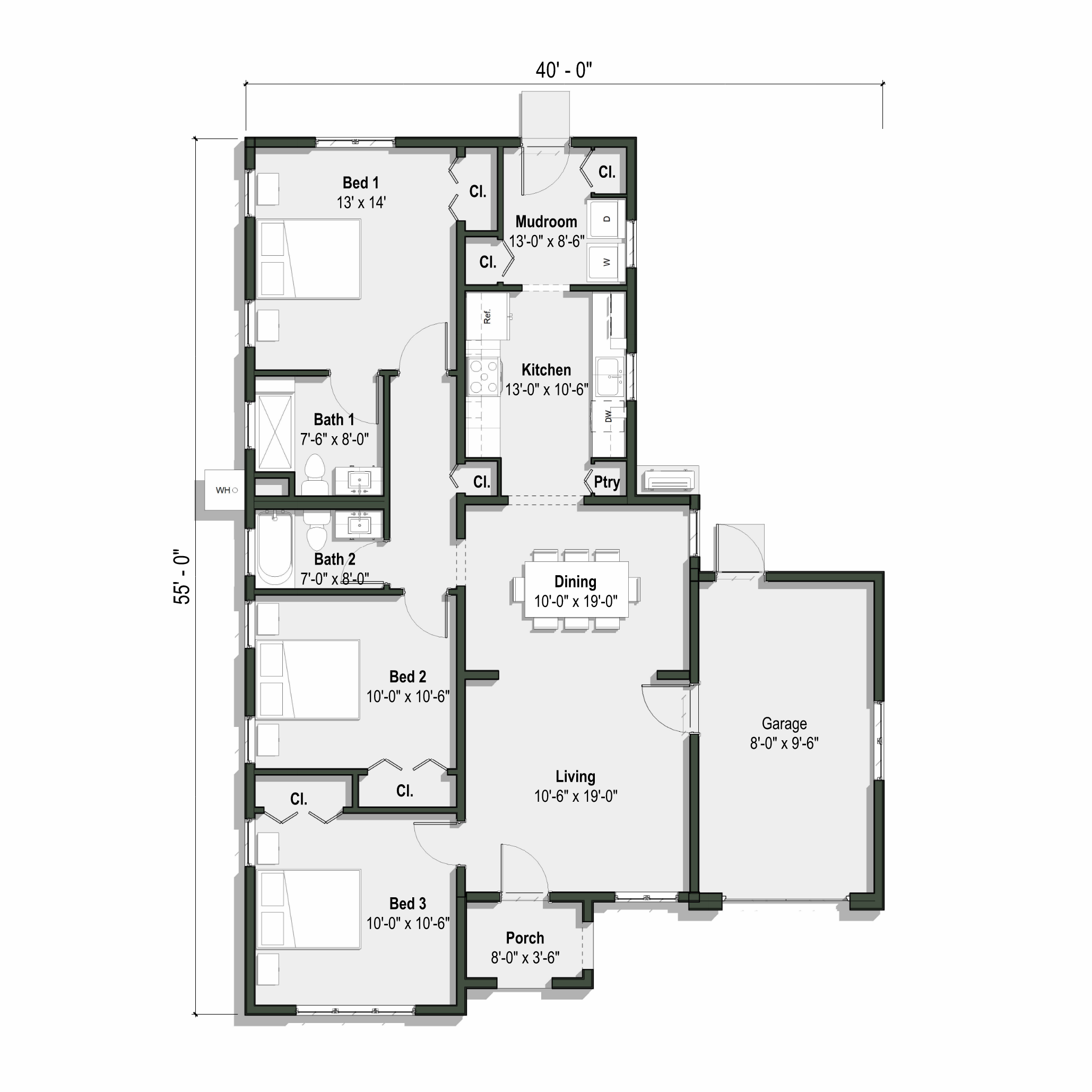The Elisha floor plan has 3 bedrooms and 2 full bathrooms + attached garage