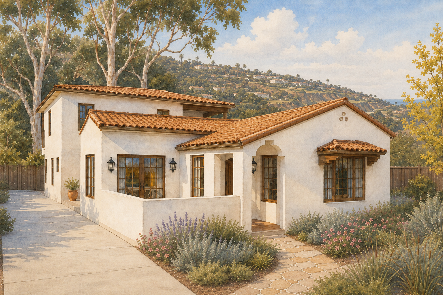 A Mediterranean-style house with white stucco walls, red clay tile roof, and multiple windows. The house is surrounded by desert plants and flowers, with a stone pathway leading to the front door. Tall trees and a hillside with houses are visible in the background.
