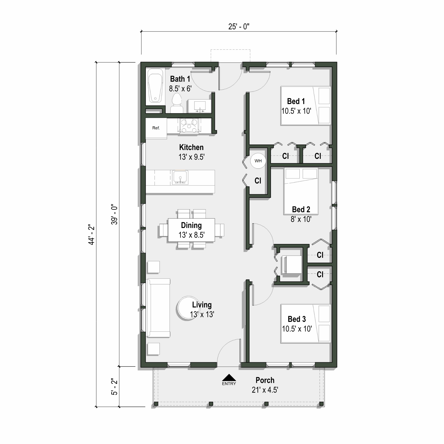 The Montana floor plan had 3 beds, 1 bath