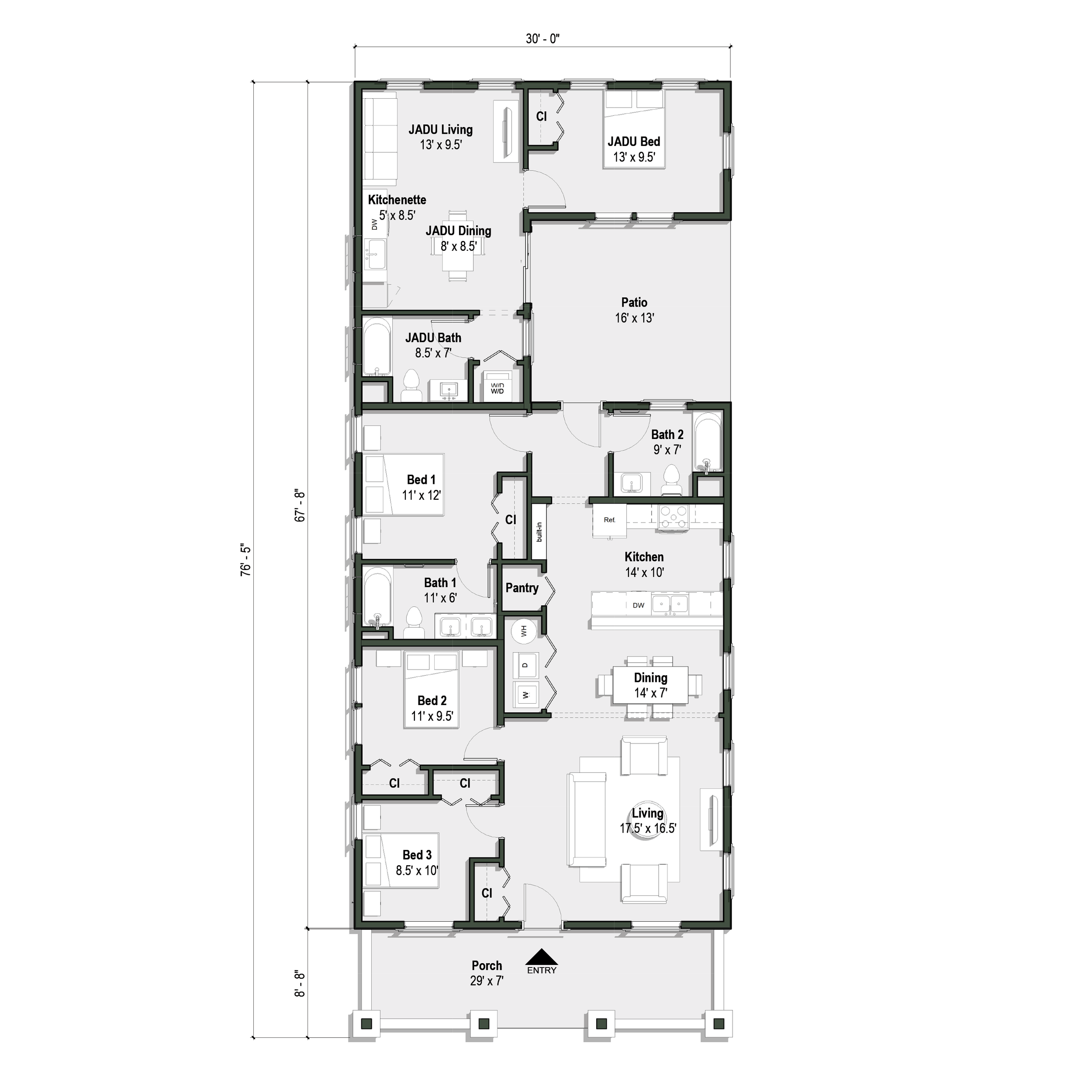 The Lewis JADU floor plan has 3 + 1 bedrooms and 2 + 1 full baths. The Lewis II features a partial width porch. 