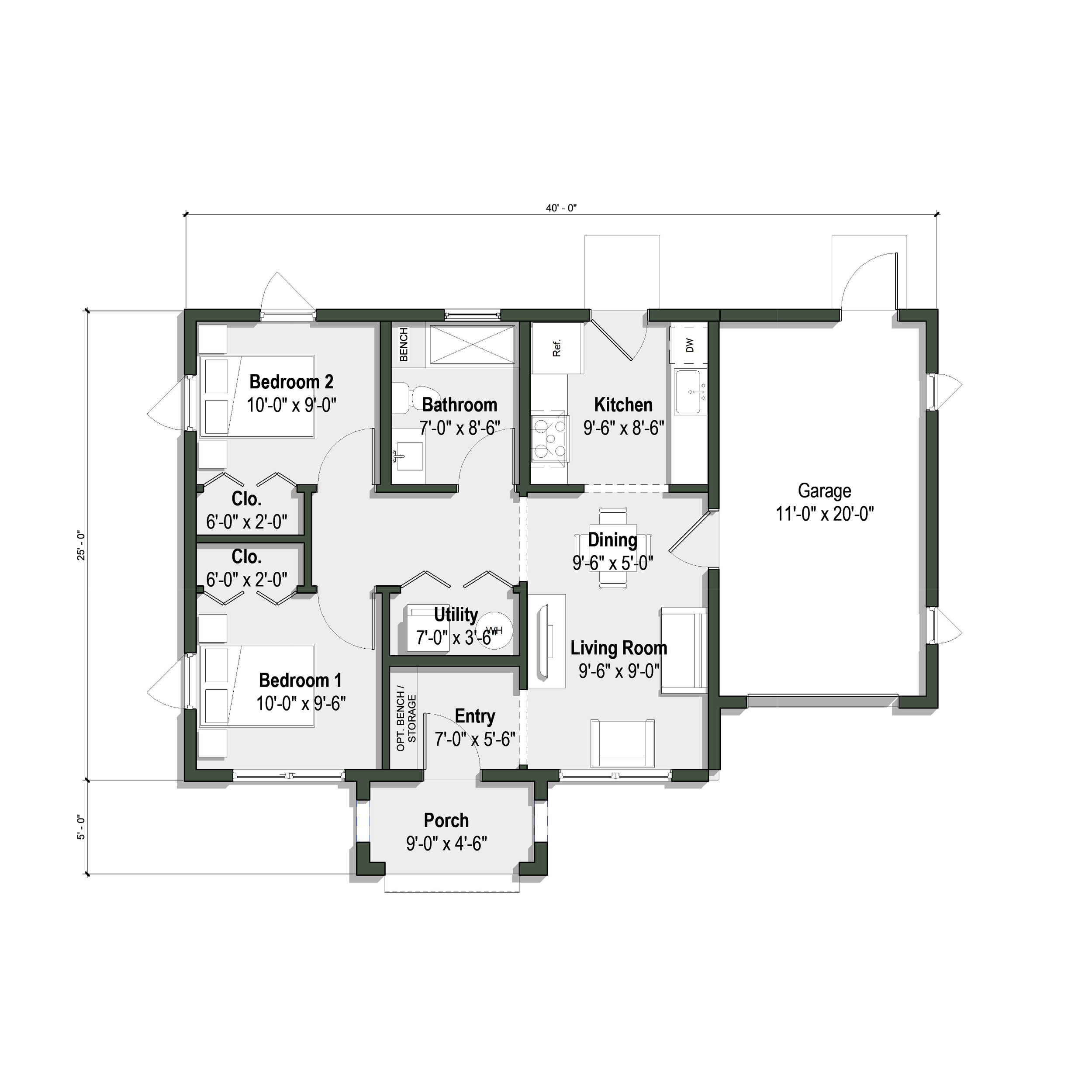 floor plan of La Calanda ADU with attached one car garage