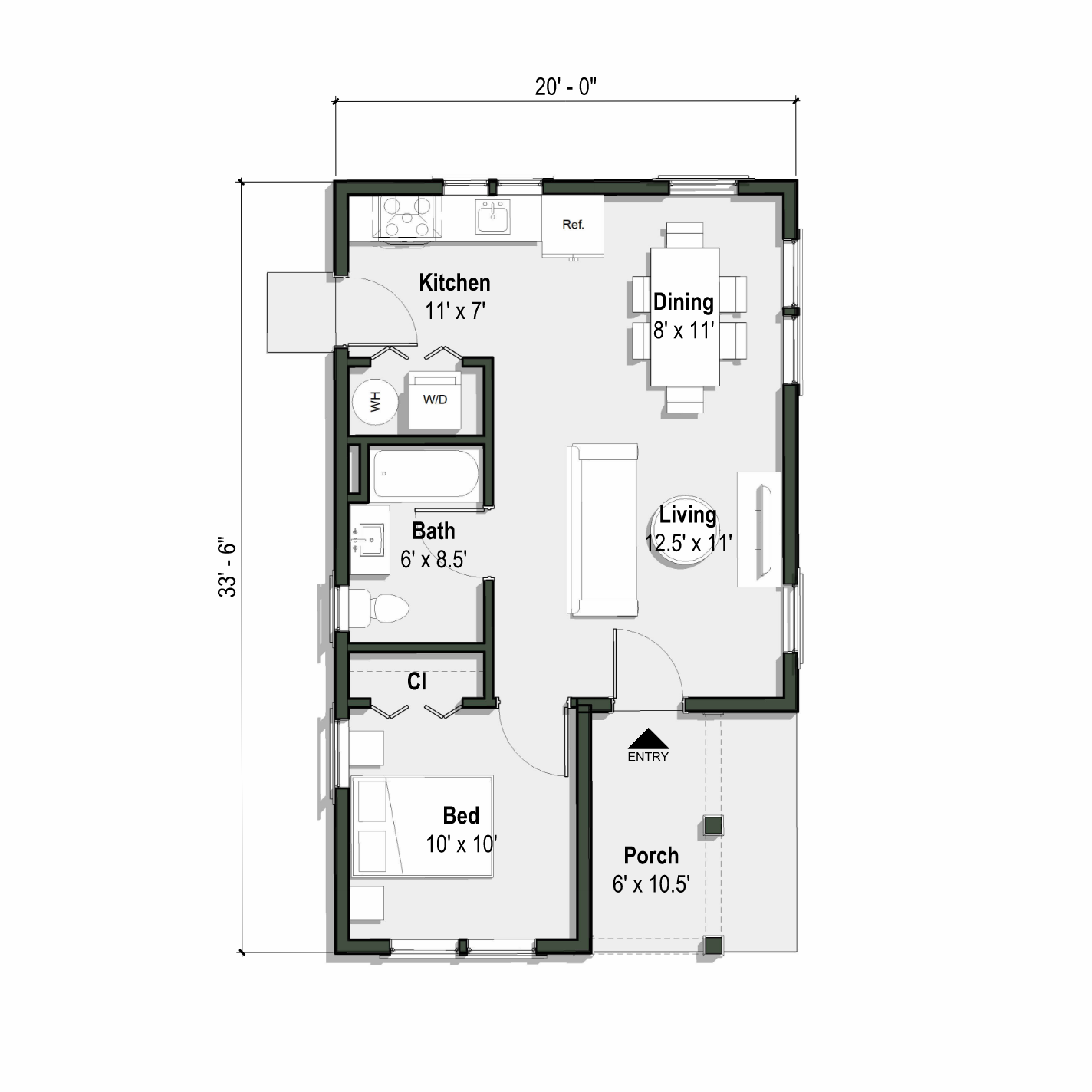 The Daisy floor plan has 1 bedroom and 1 full bathroom