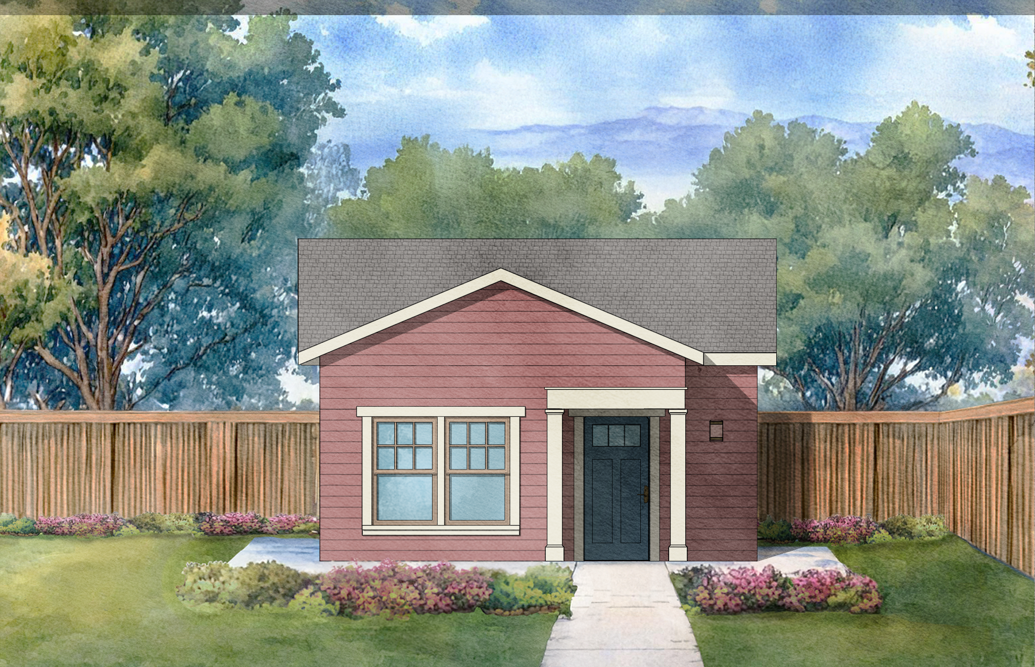 A watercolor illustration of a house with pink siding, white trim, a black front door, and large windows, surrounded by a manicured lawn, pink and purple flowers, and a wooden fence under a blue sky with scattered clouds and tall green trees in the background.