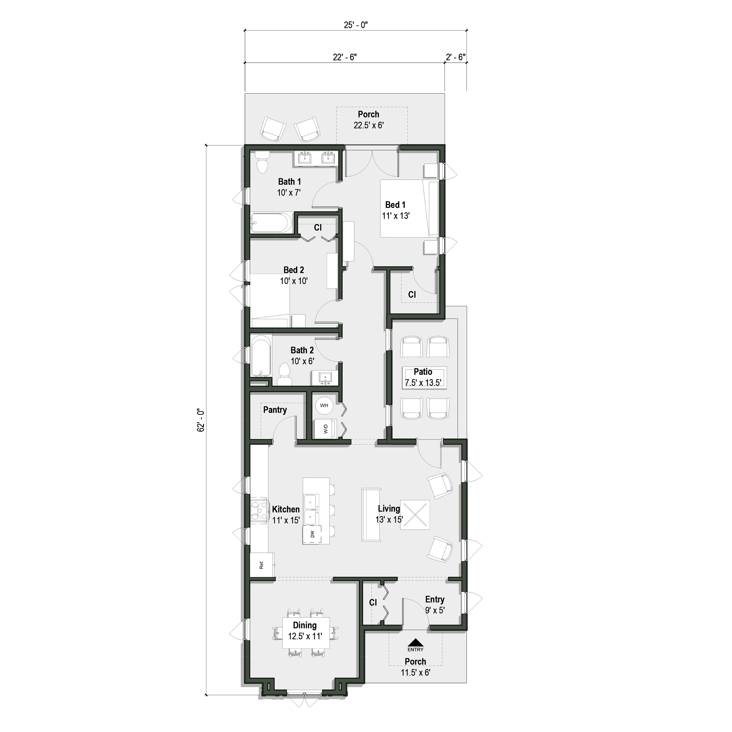 The Marlowe floor plan has 2 bedrooms and 2 full bathrooms