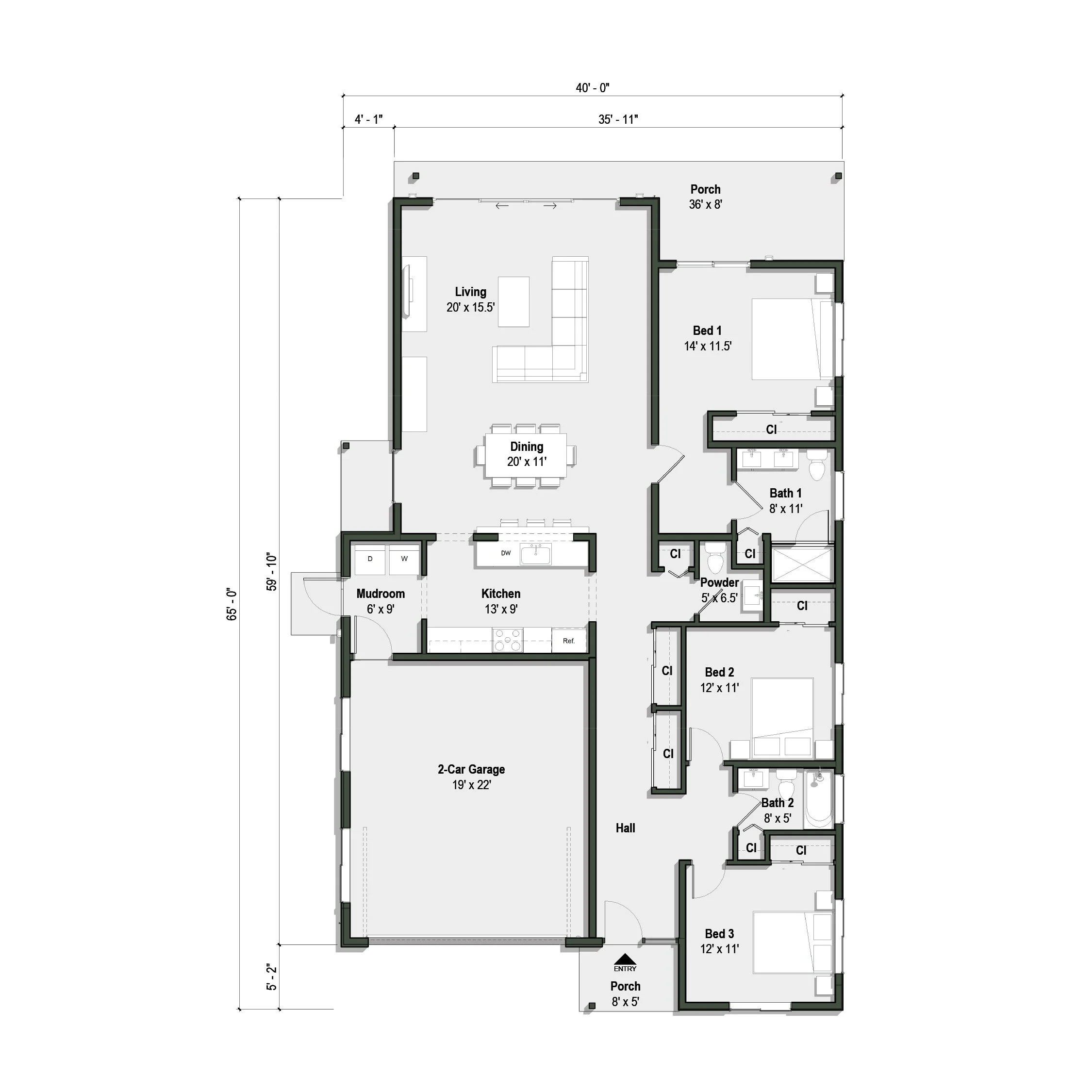 The Passivist floor plan has 3 bedrooms, 2.5 bathrooms