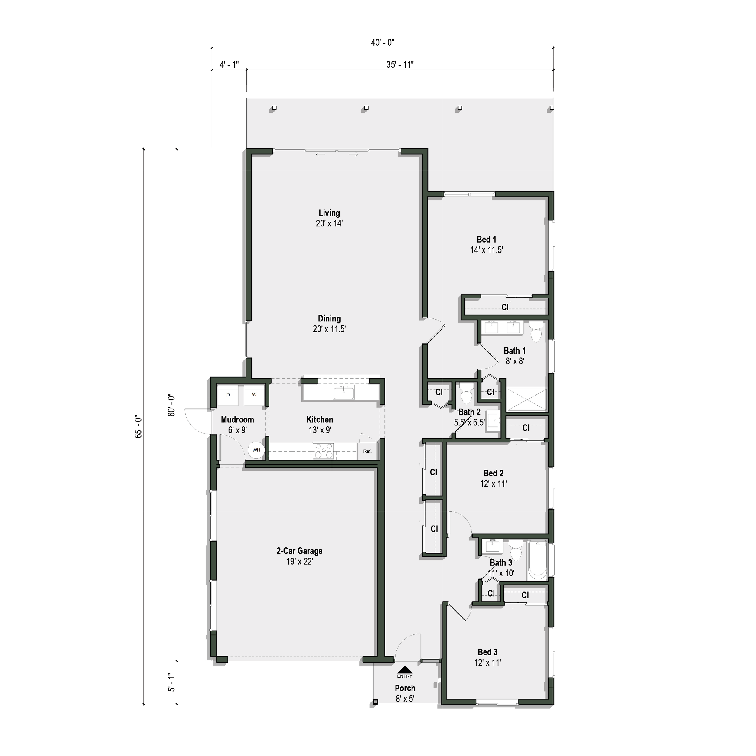 The Passivist floor plan has 3 bedrooms, 2.5 bathrooms