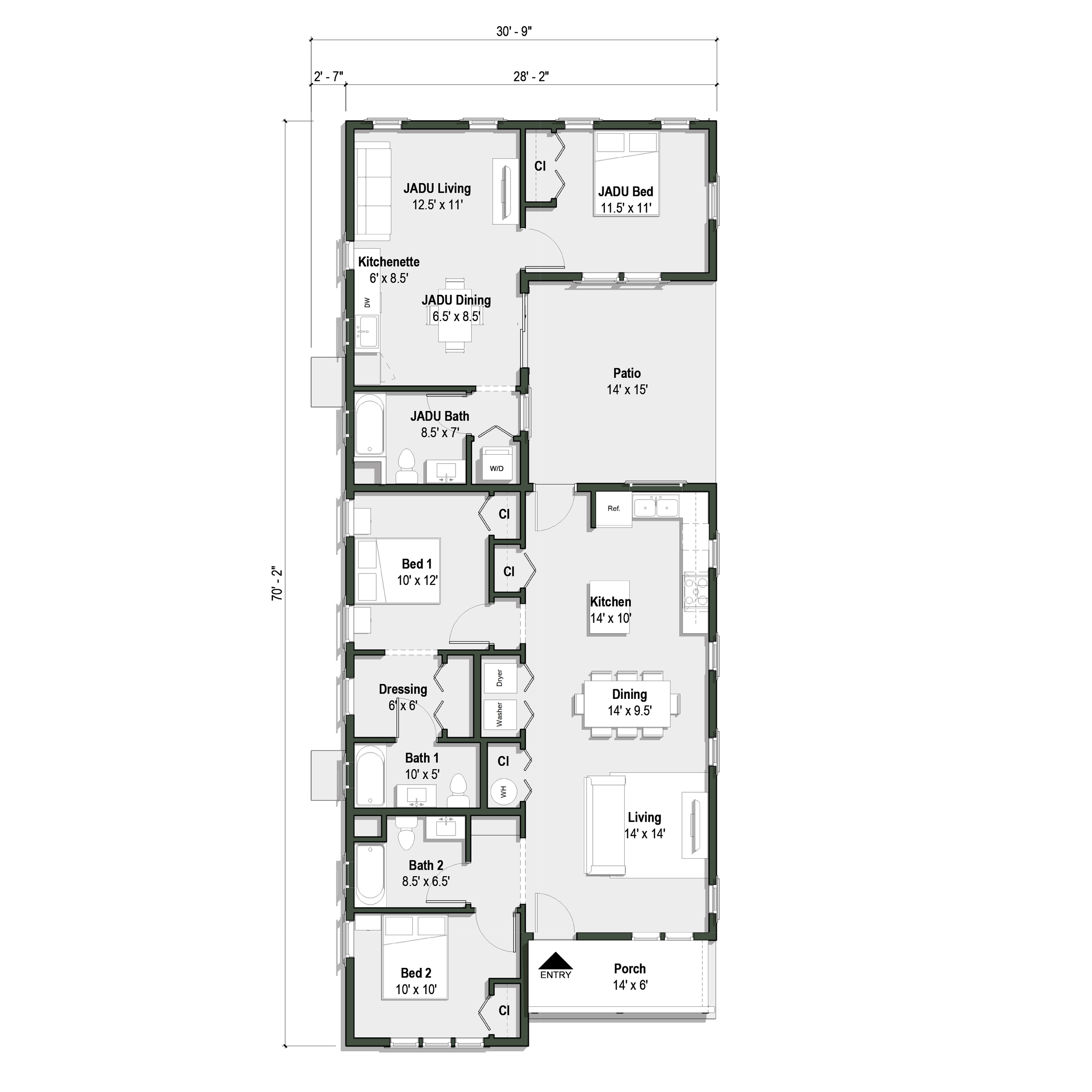 The Elderflower JADU floor plan has 2 + 1 bedrooms and 2 + 1 full baths. 