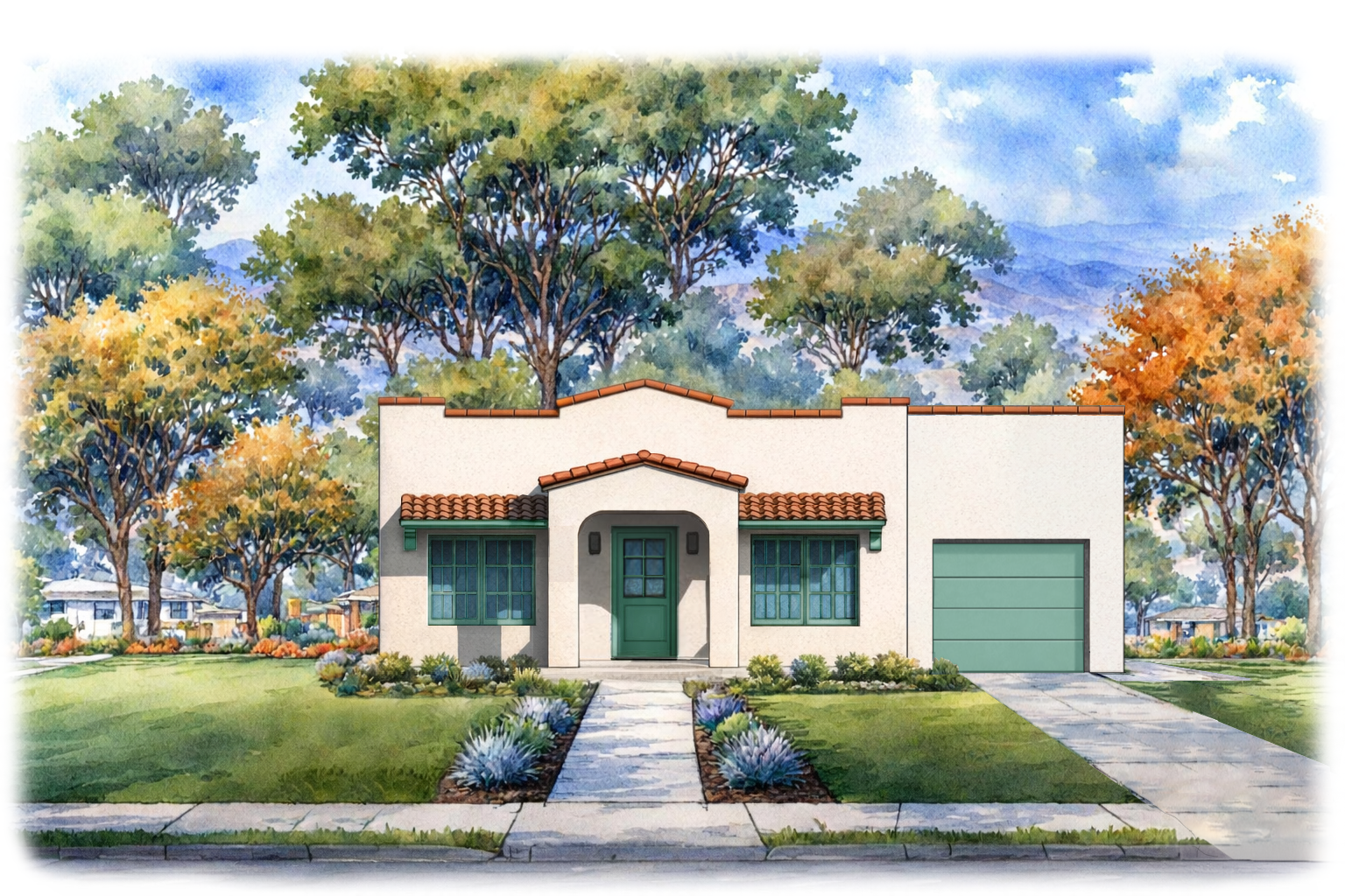 front elevation render of La Calanda with attached one car garage