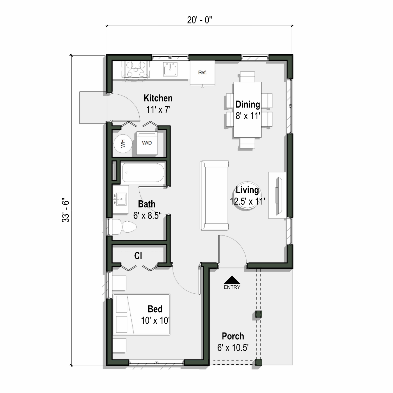 The Lily floor plan has 1 bedroom and 1 full bathroom