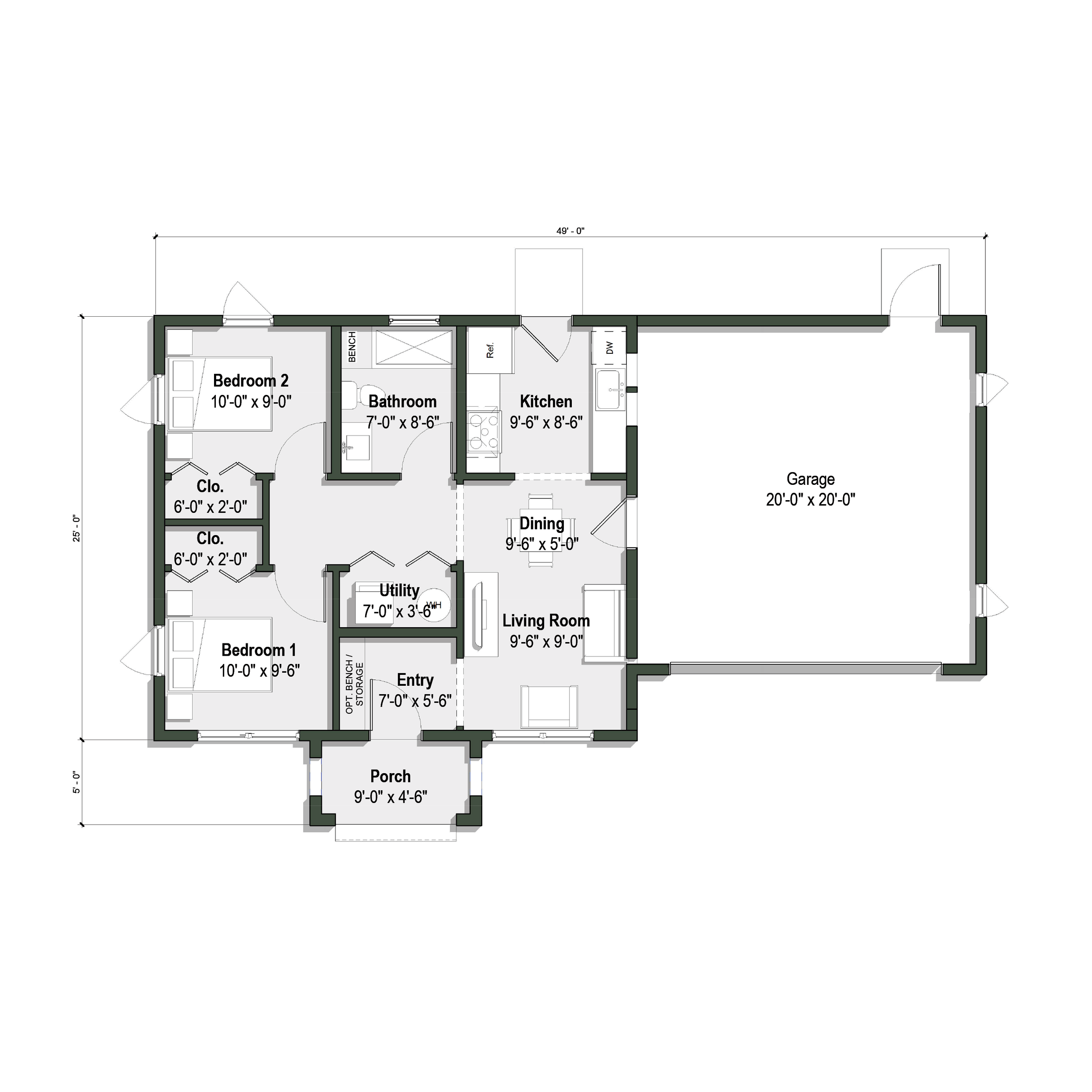 floor plan of La Calanda ADU with attached two car garage
