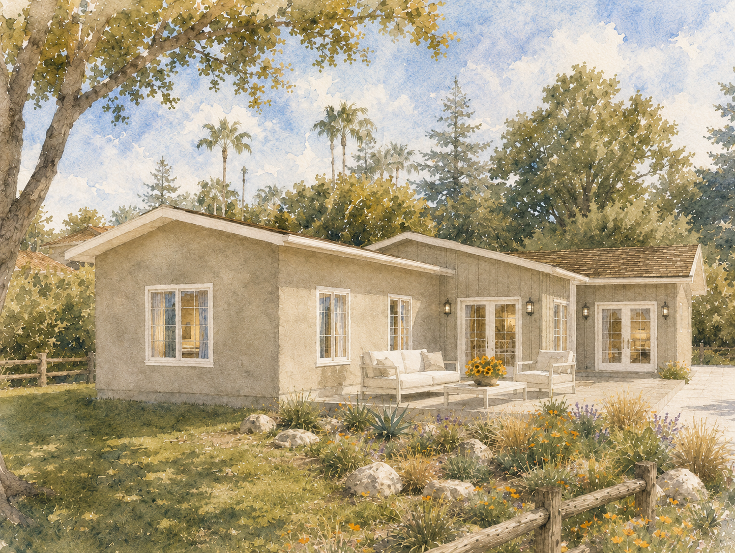 A watercolor painting of a suburban house with a garden patio, surrounded by trees and plants, under a partly cloudy sky.